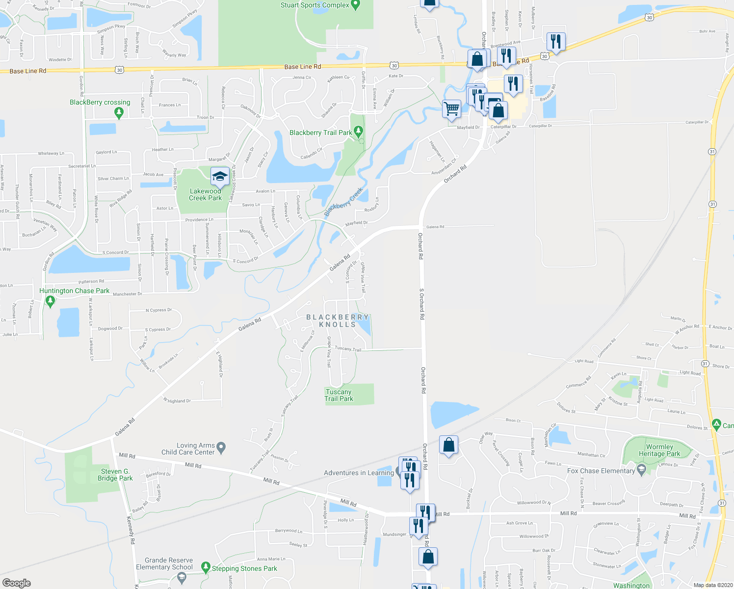 map of restaurants, bars, coffee shops, grocery stores, and more near 358 Grape Vine Trail in Oswego