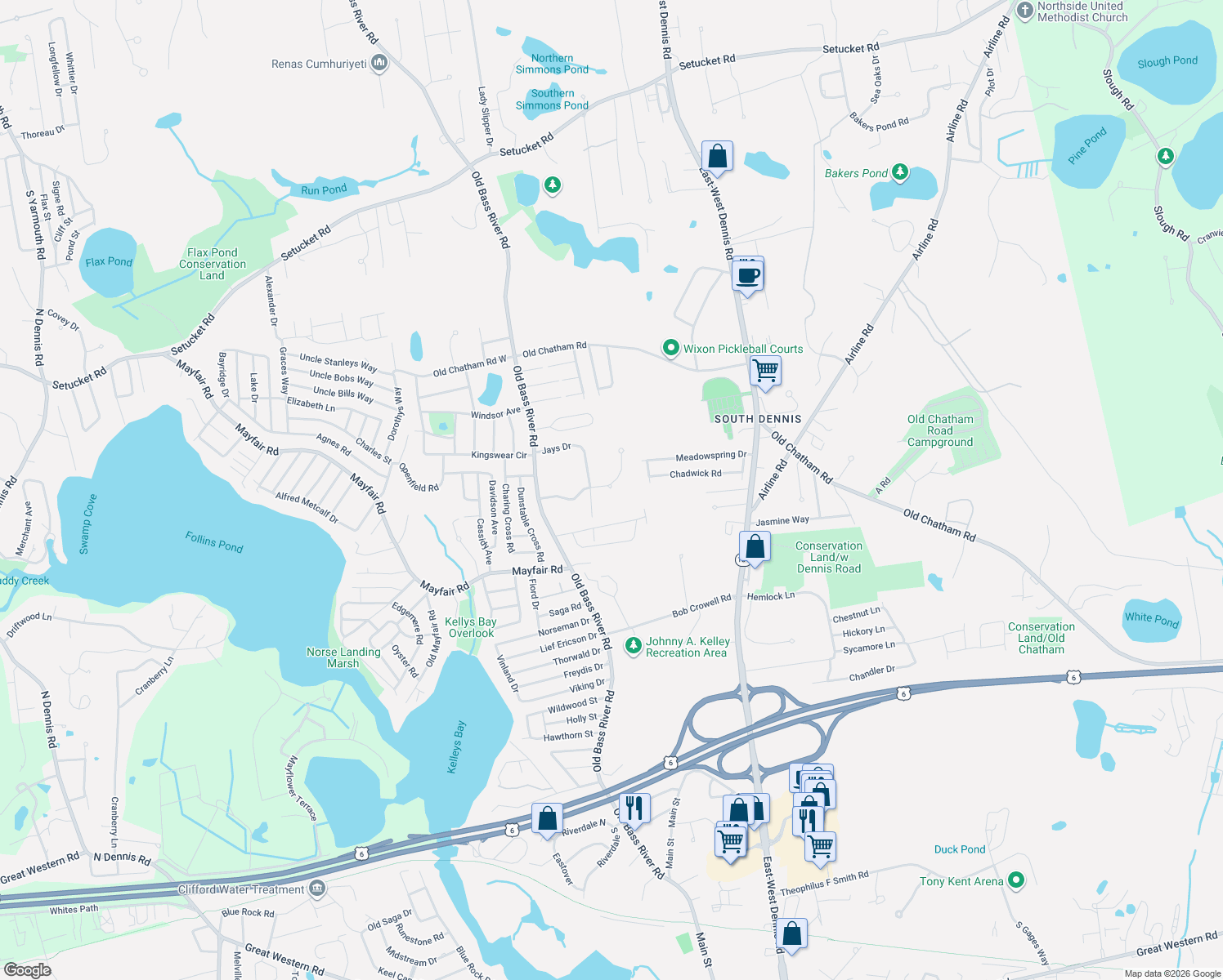 map of restaurants, bars, coffee shops, grocery stores, and more near 51 Asack Drive in Dennis