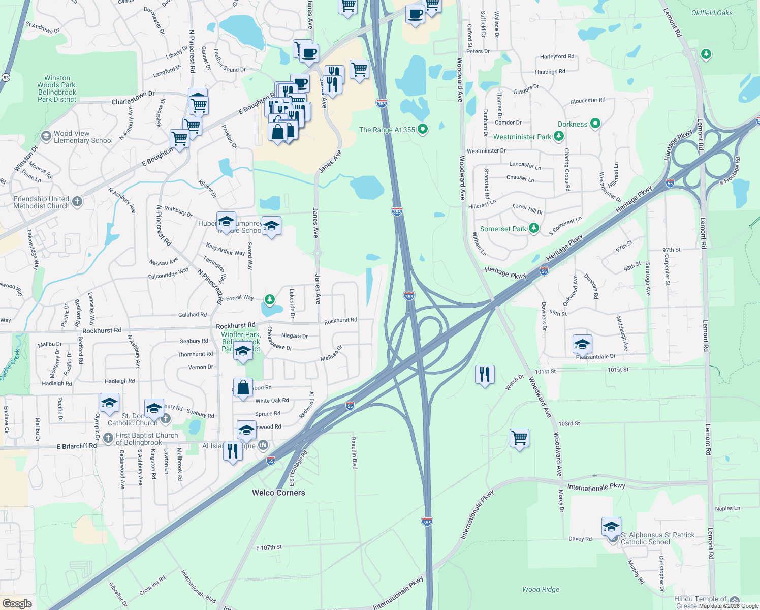 map of restaurants, bars, coffee shops, grocery stores, and more near 312 Stonegate Road in Bolingbrook