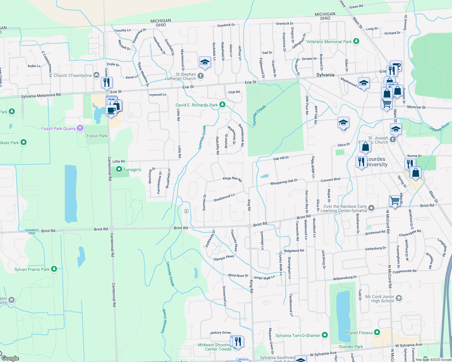 map of restaurants, bars, coffee shops, grocery stores, and more near 7621 Kings Run Rd in Sylvania