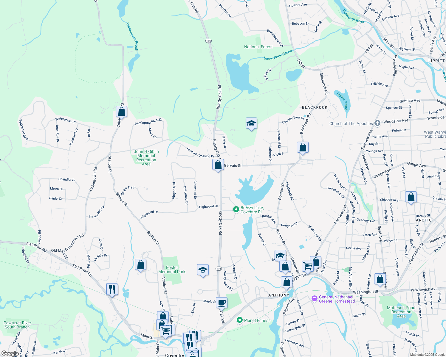 map of restaurants, bars, coffee shops, grocery stores, and more near 425 Knotty Oak Road in Coventry
