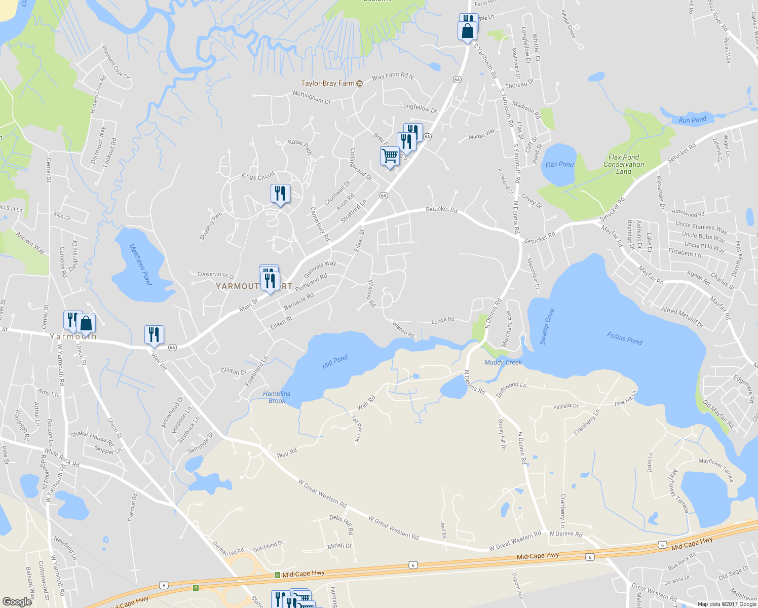 map of restaurants, bars, coffee shops, grocery stores, and more near 84 Wianno Road in Yarmouth
