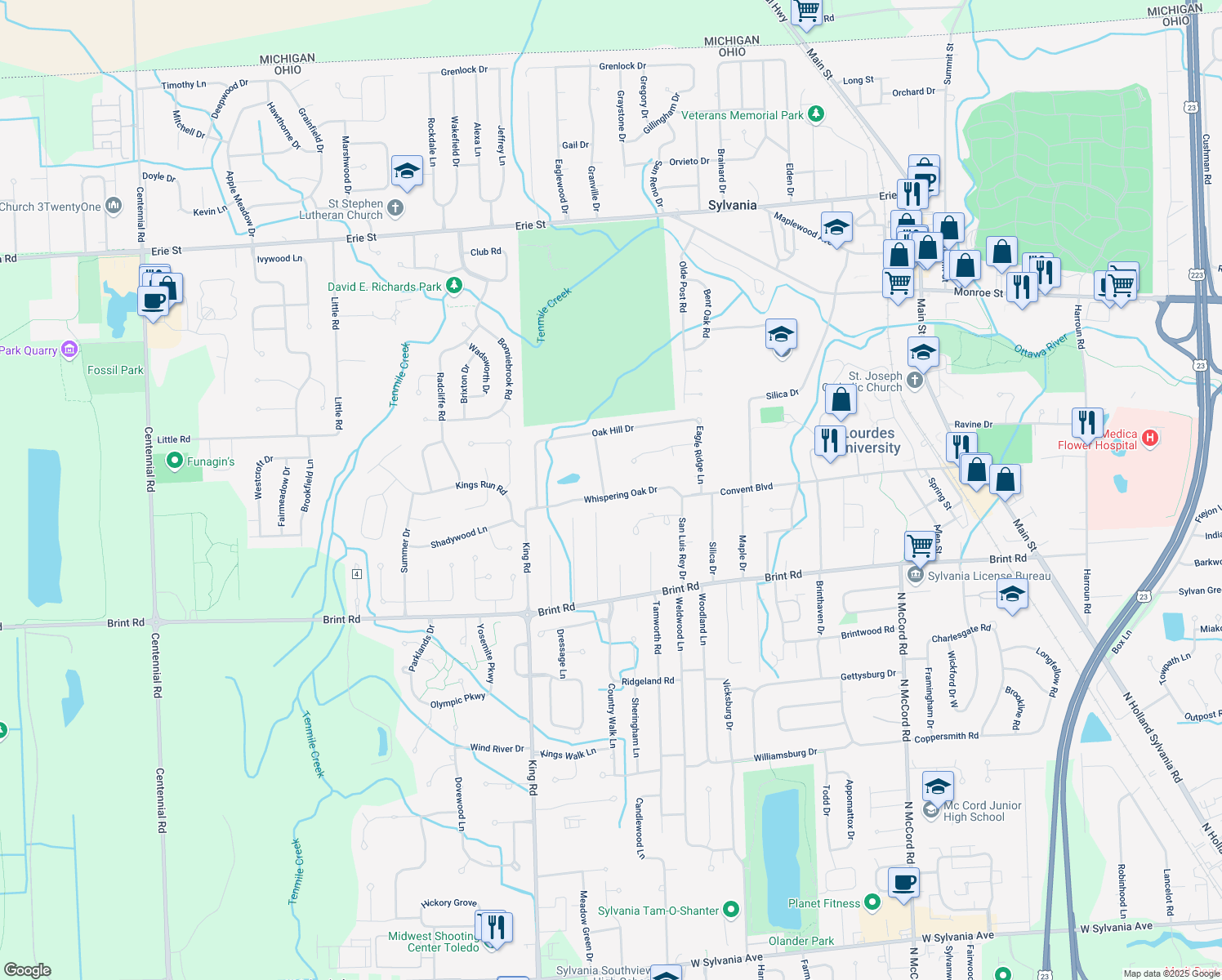 map of restaurants, bars, coffee shops, grocery stores, and more near 7306 Whispering Oak Dr in Sylvania
