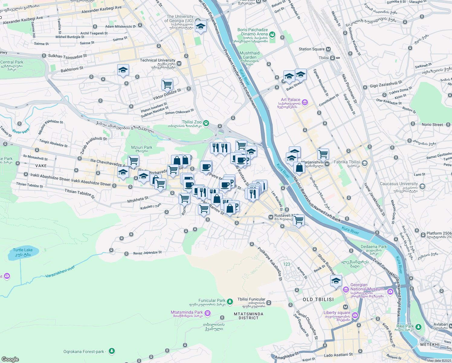 map of restaurants, bars, coffee shops, grocery stores, and more near Petre Melikishvili Street in Tbilisi