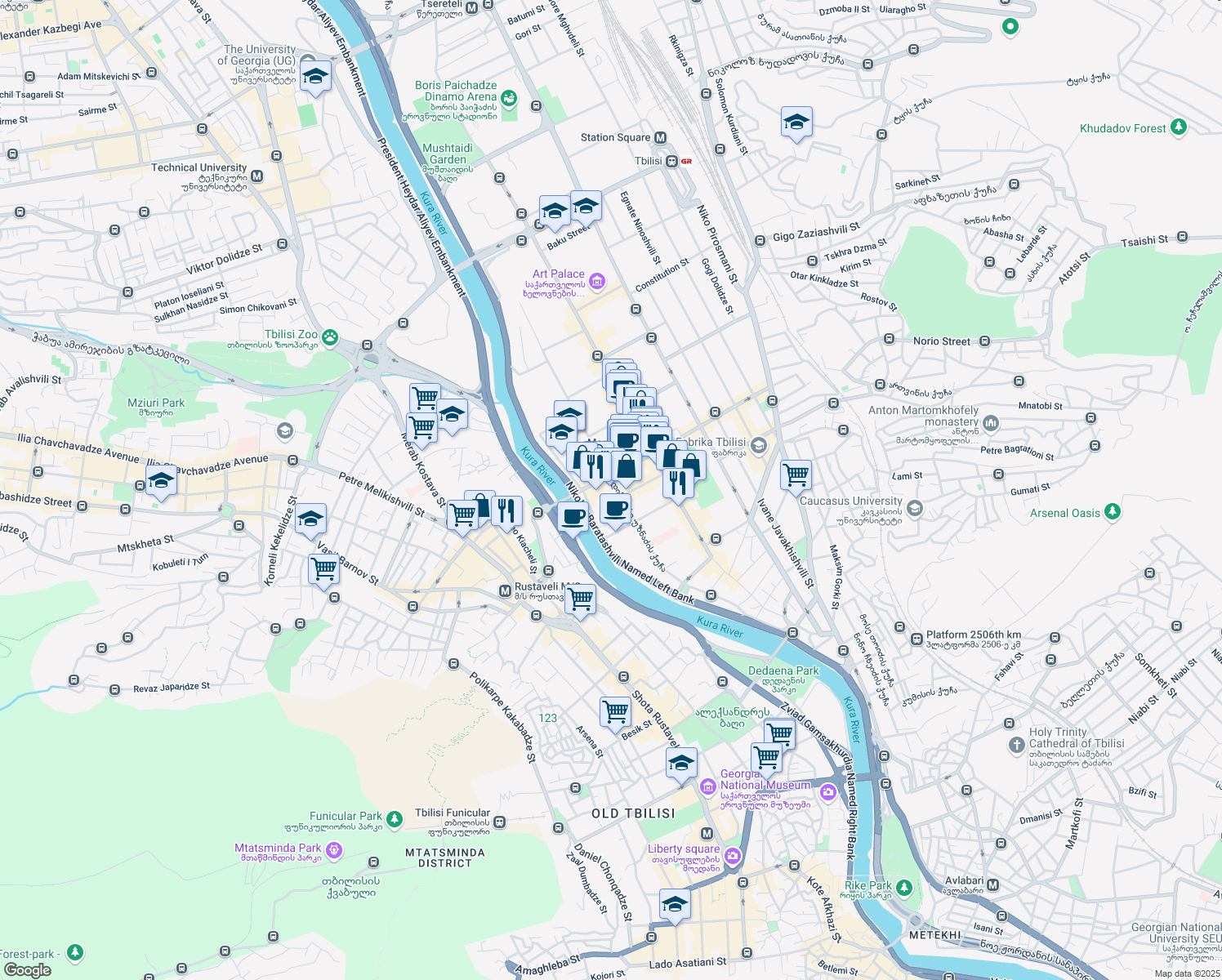 map of restaurants, bars, coffee shops, grocery stores, and more near 7 Kote Marjanishvili Street in Tbilisi