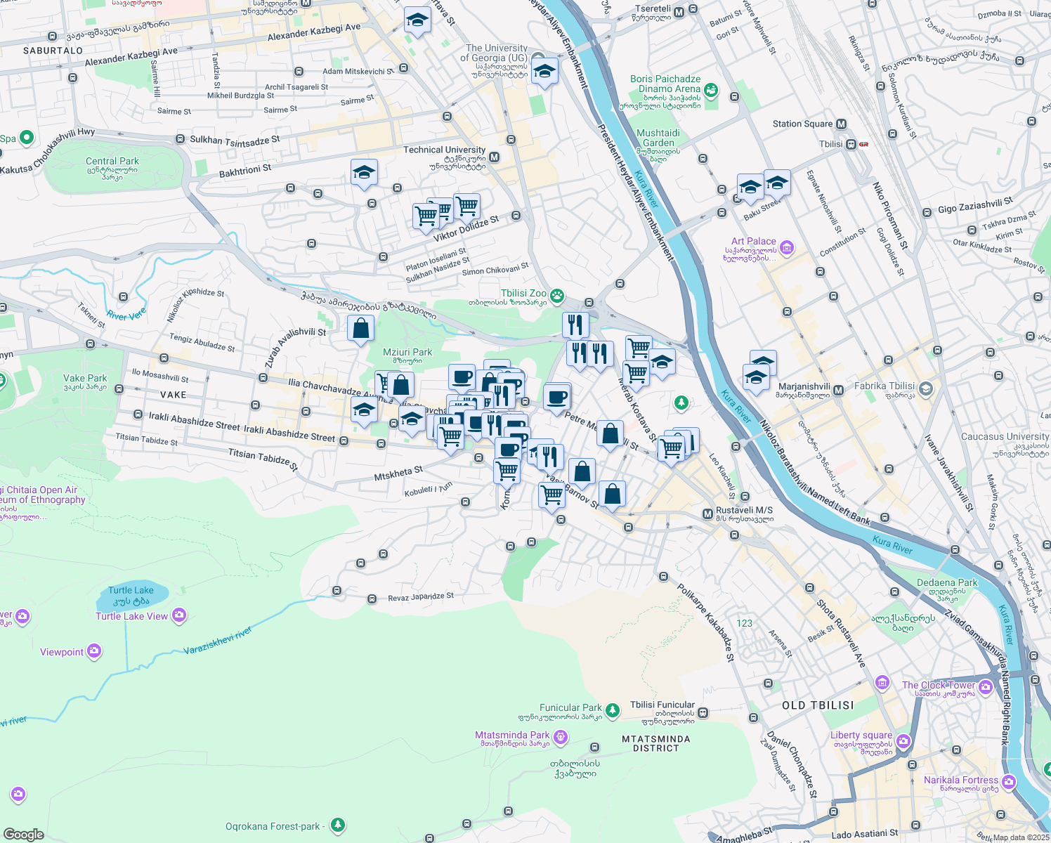 map of restaurants, bars, coffee shops, grocery stores, and more near 1 Korneli Kekelidze Street in Tbilisi