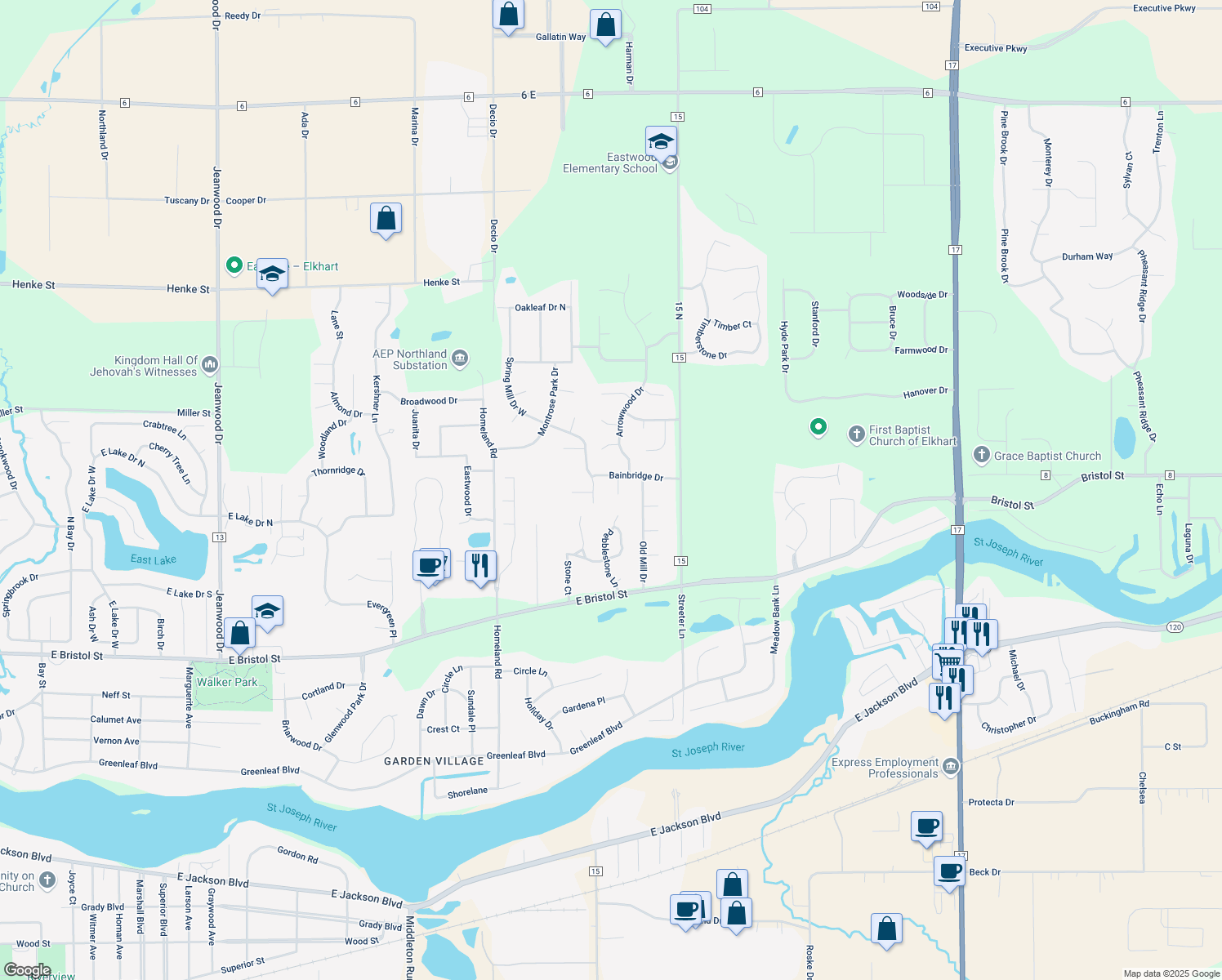 map of restaurants, bars, coffee shops, grocery stores, and more near 54075 Bannock Circle in Elkhart
