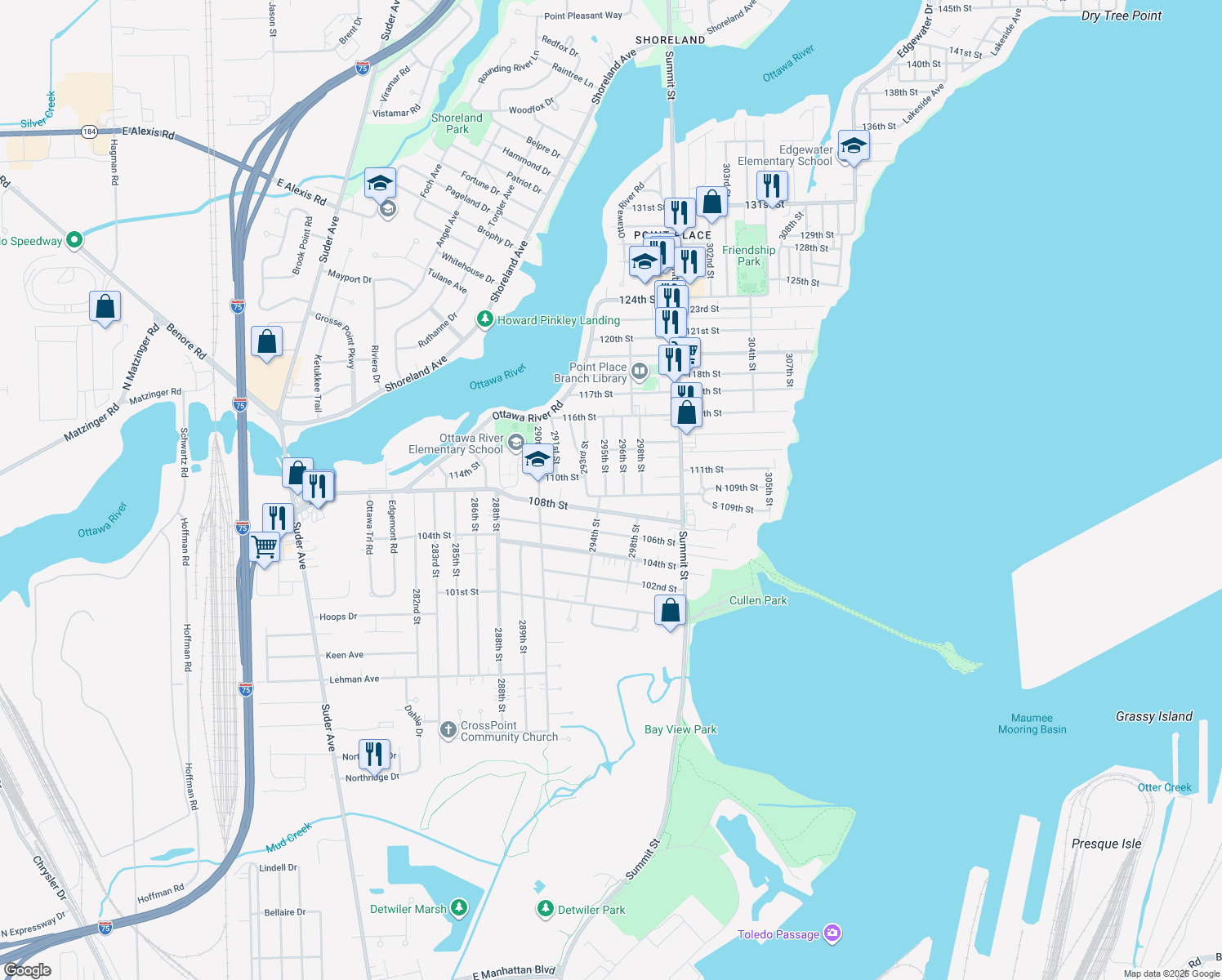 map of restaurants, bars, coffee shops, grocery stores, and more near 2631 109th Street in Toledo