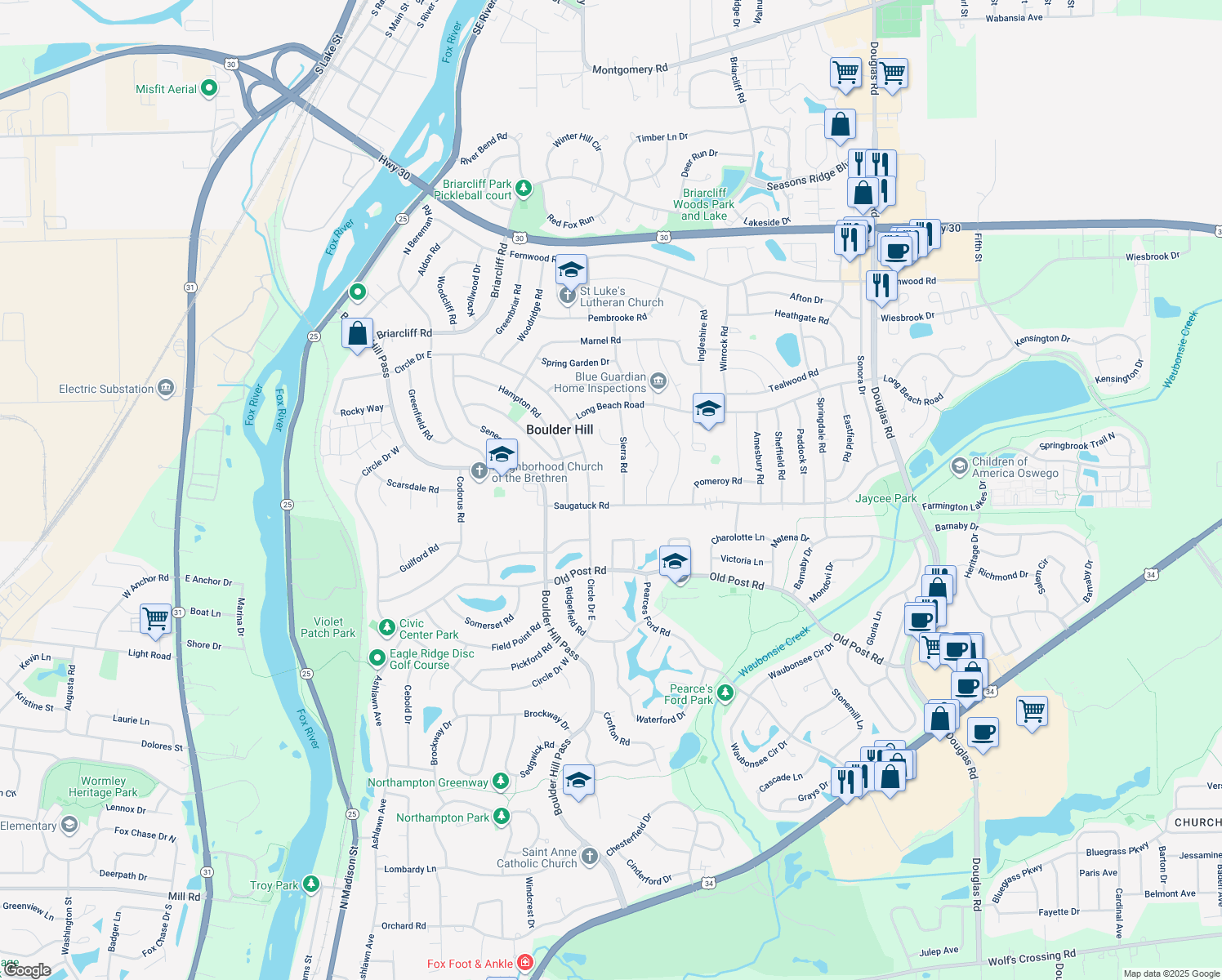 map of restaurants, bars, coffee shops, grocery stores, and more near 9 Crestwood Court in Montgomery