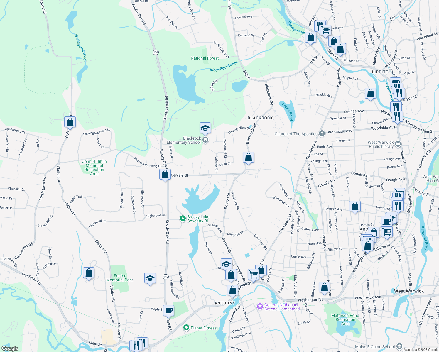 map of restaurants, bars, coffee shops, grocery stores, and more near 165 Gervais Street in Coventry