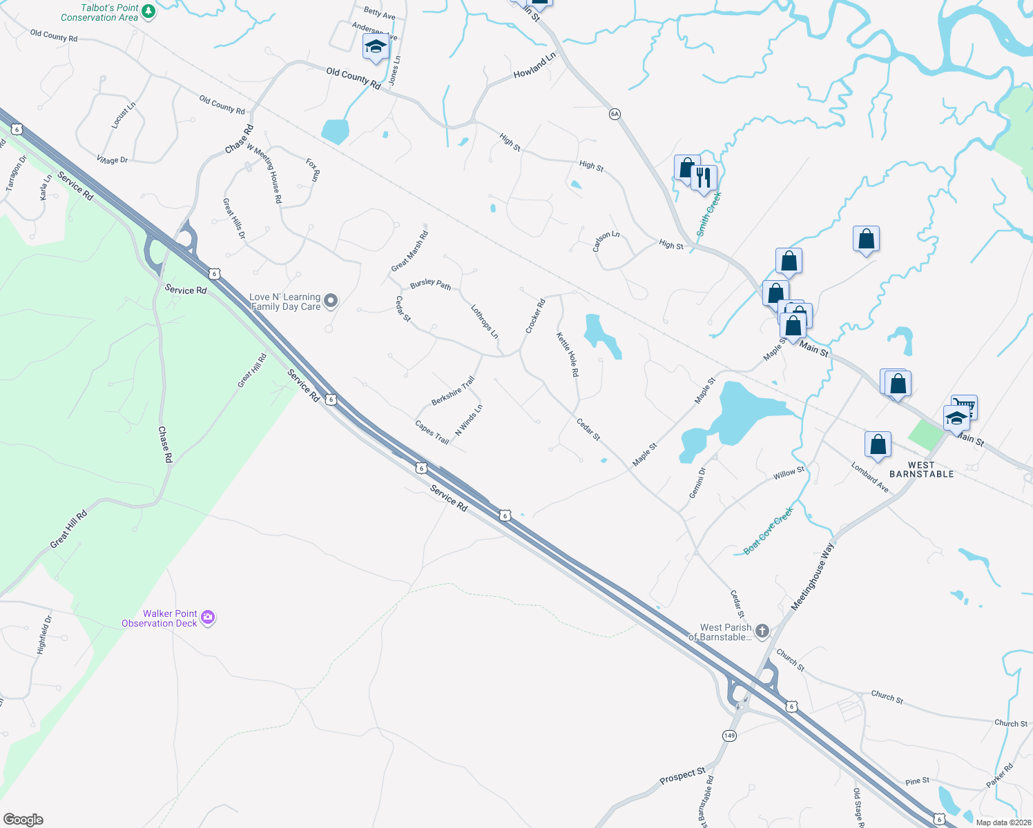 map of restaurants, bars, coffee shops, grocery stores, and more near 41 Old Toll Road in Barnstable