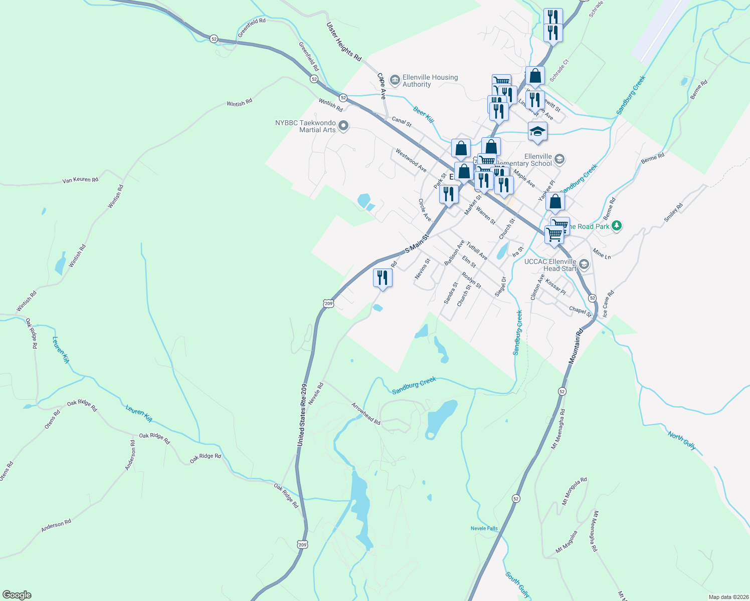 map of restaurants, bars, coffee shops, grocery stores, and more near 98 Country Club Rd in Ellenville