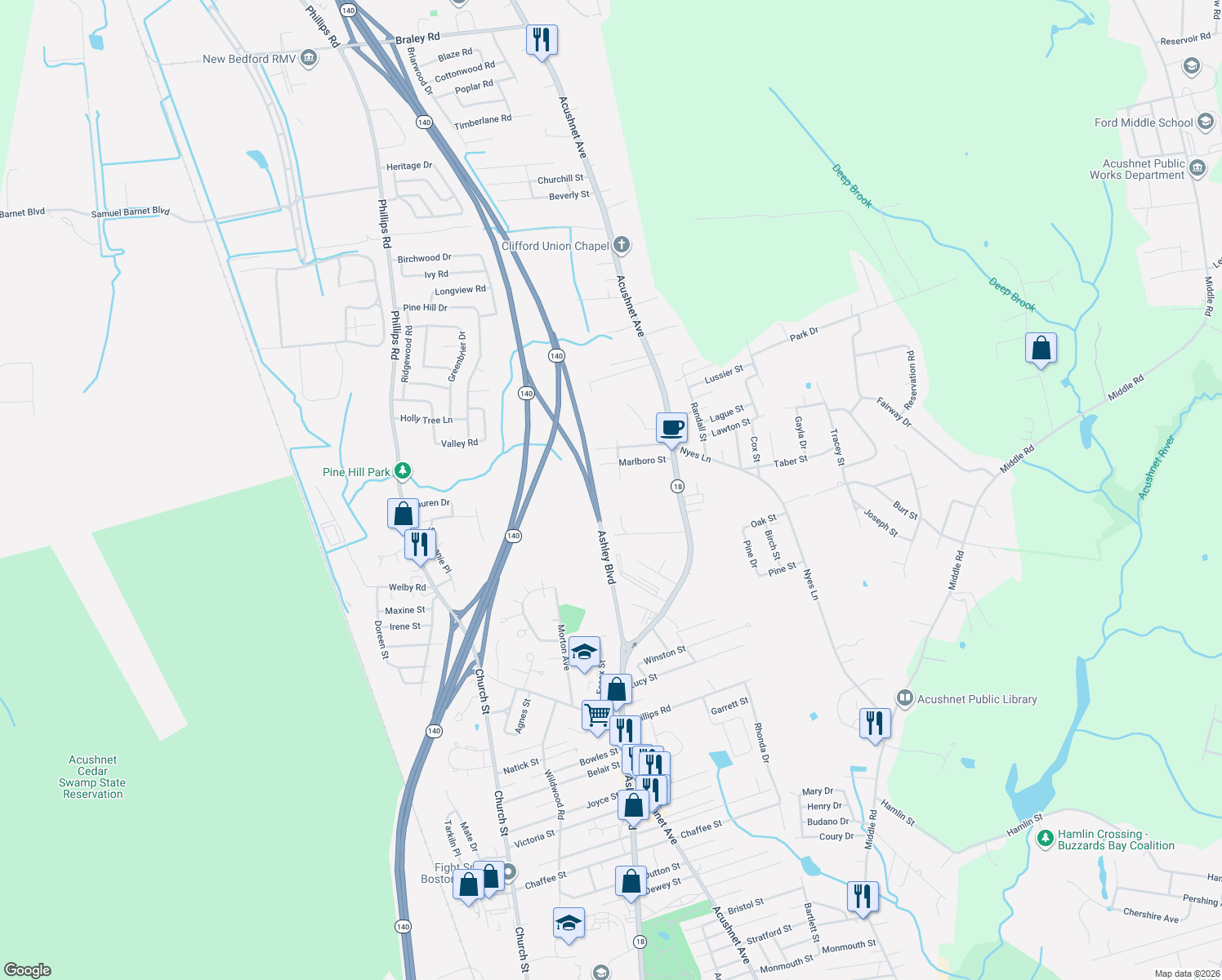 map of restaurants, bars, coffee shops, grocery stores, and more near 1199 Bartlett Street in New Bedford