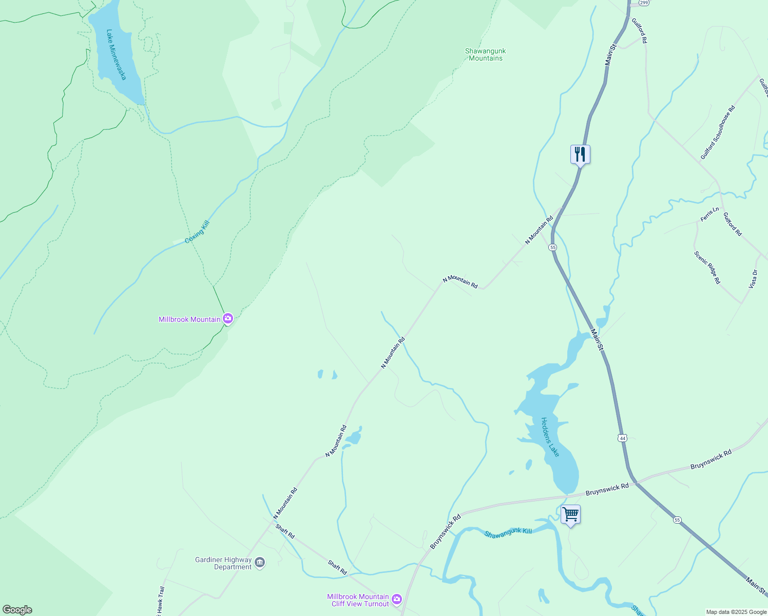 map of restaurants, bars, coffee shops, grocery stores, and more near 919 North Mountain Road in Gardiner