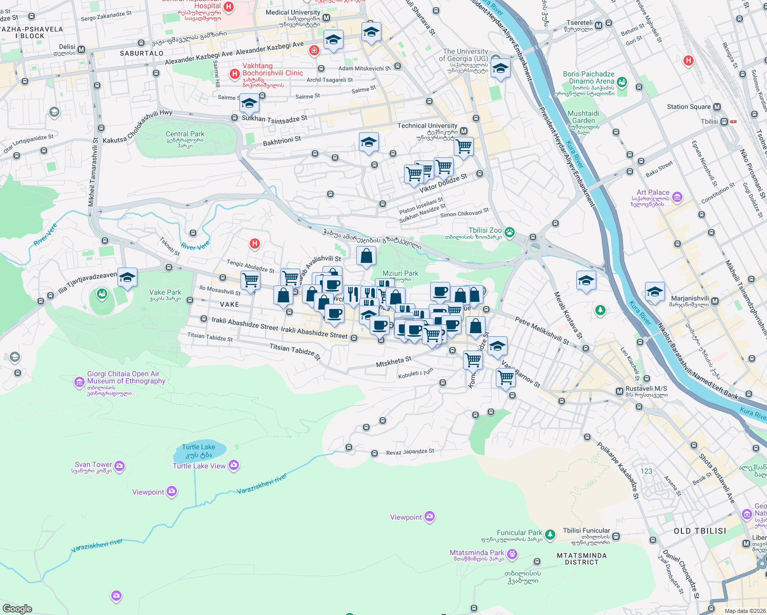 map of restaurants, bars, coffee shops, grocery stores, and more near Didim Mirtskhulava Street in Tbilisi