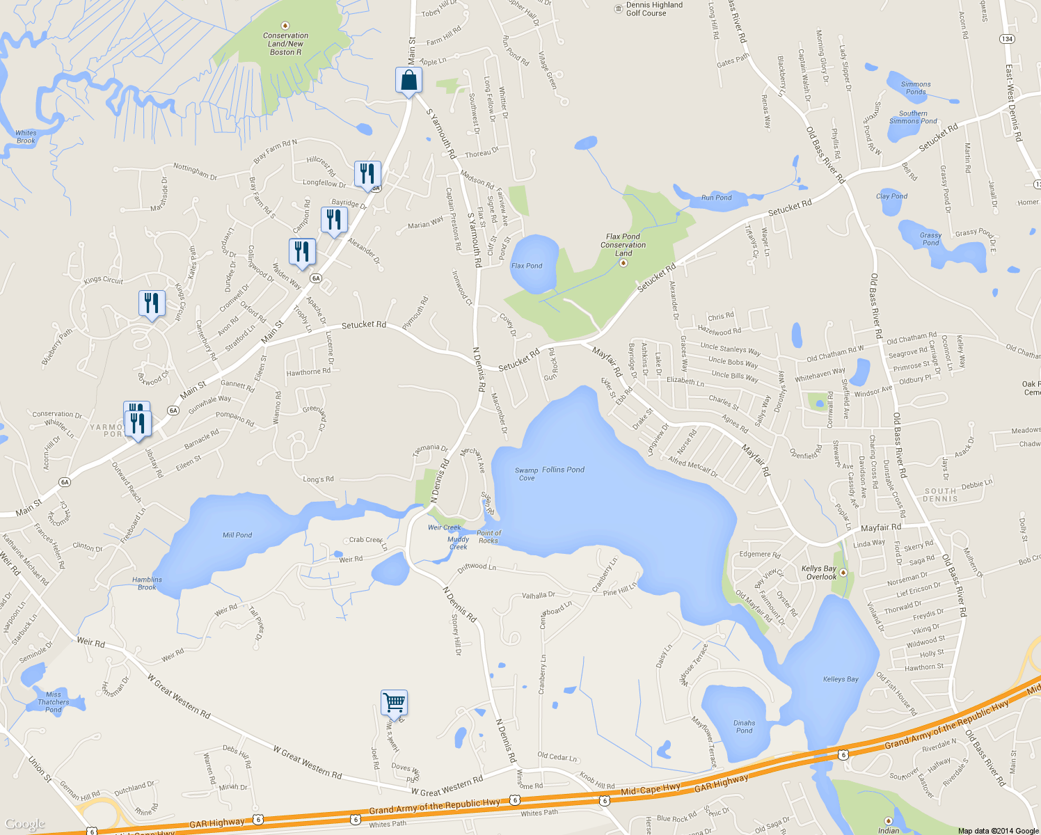 map of restaurants, bars, coffee shops, grocery stores, and more near 35 Aunt Dorahs Lane in Yarmouth
