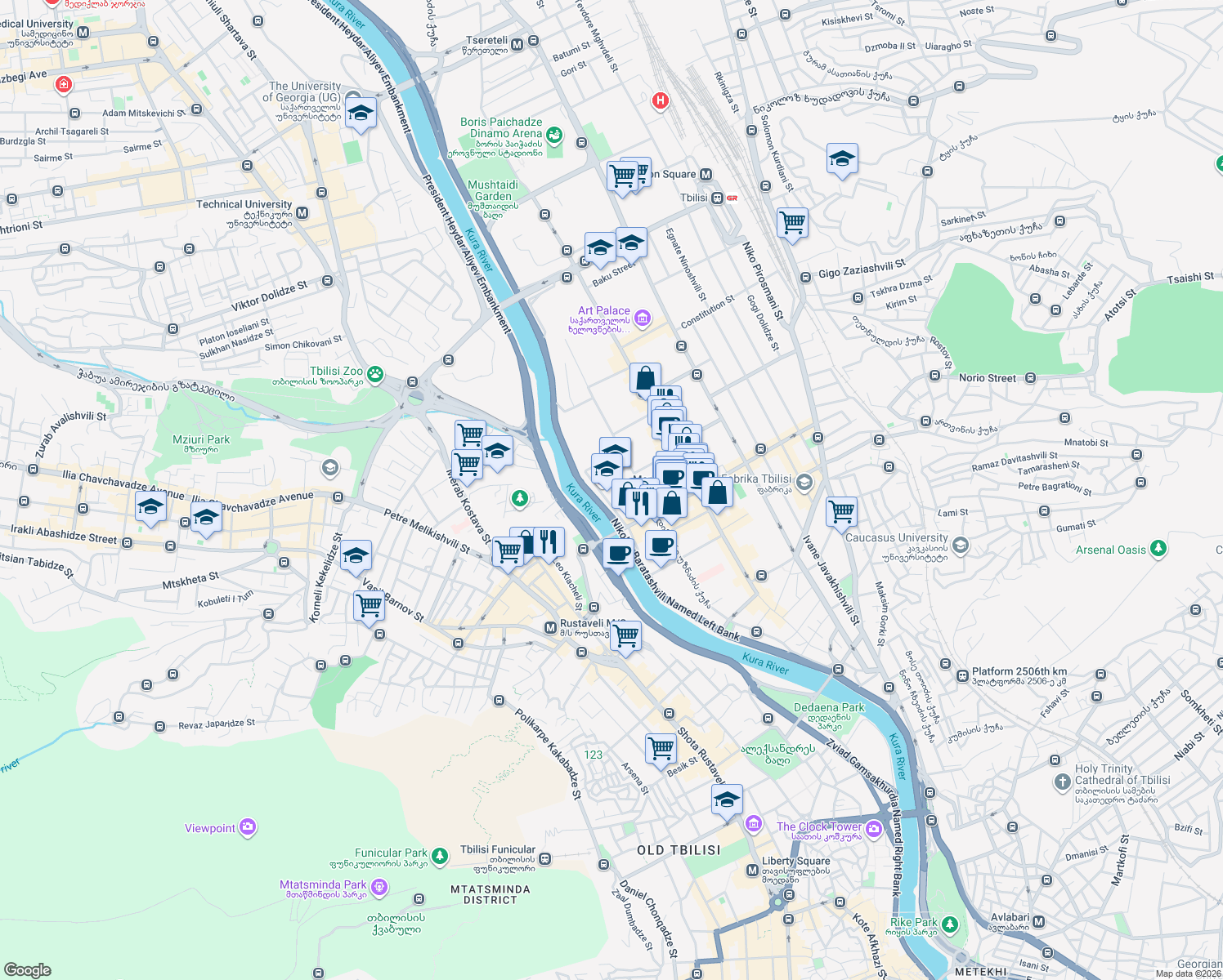 map of restaurants, bars, coffee shops, grocery stores, and more near 17 Ushangi Chkheidze Street in Tbilisi