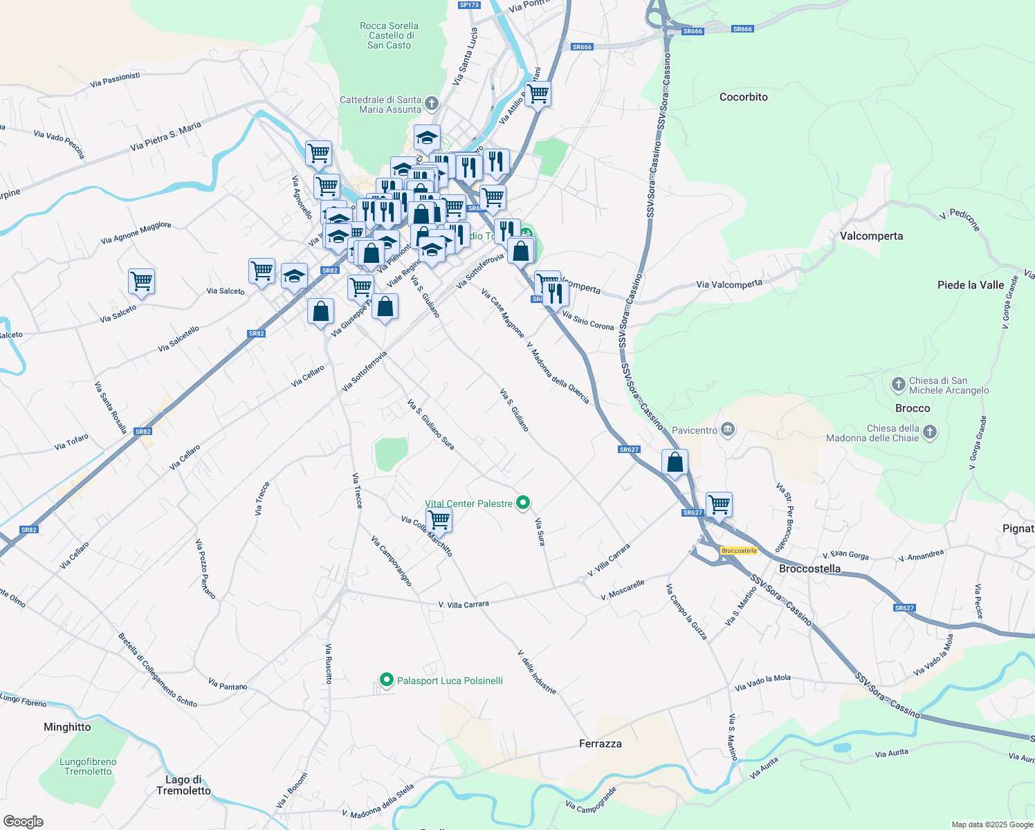 map of restaurants, bars, coffee shops, grocery stores, and more near snc Via San Giuliano in Provincia di Frosinone