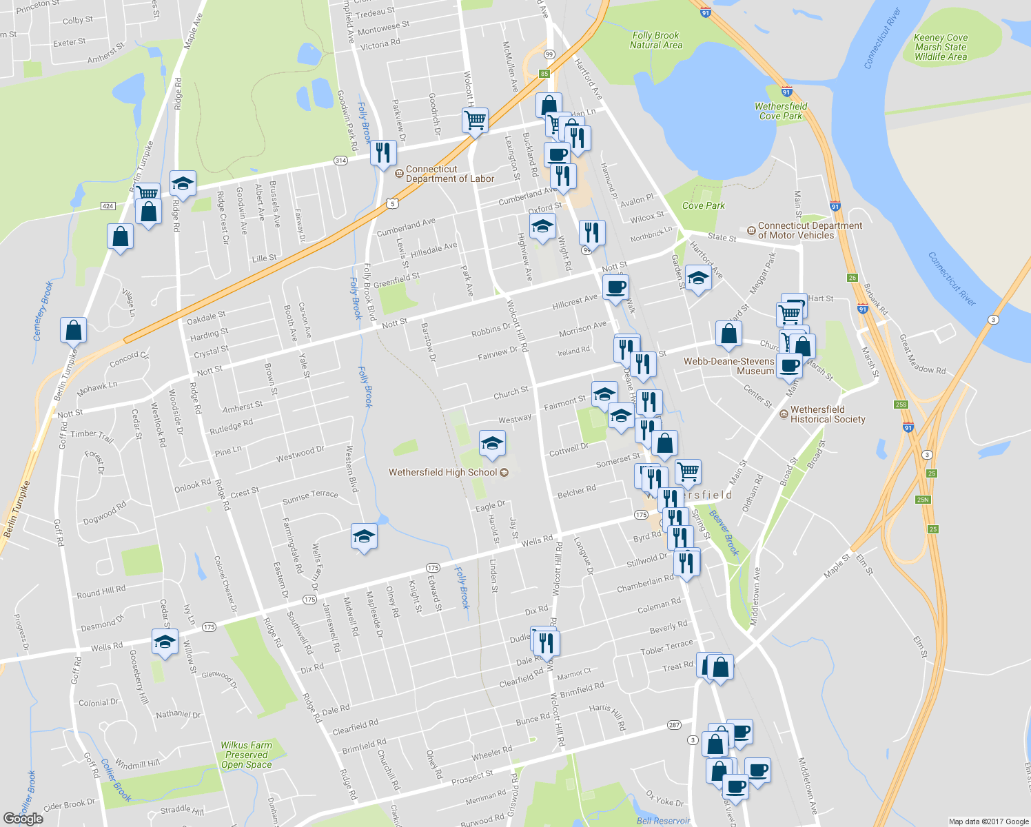 map of restaurants, bars, coffee shops, grocery stores, and more near 29 Westway in Wethersfield