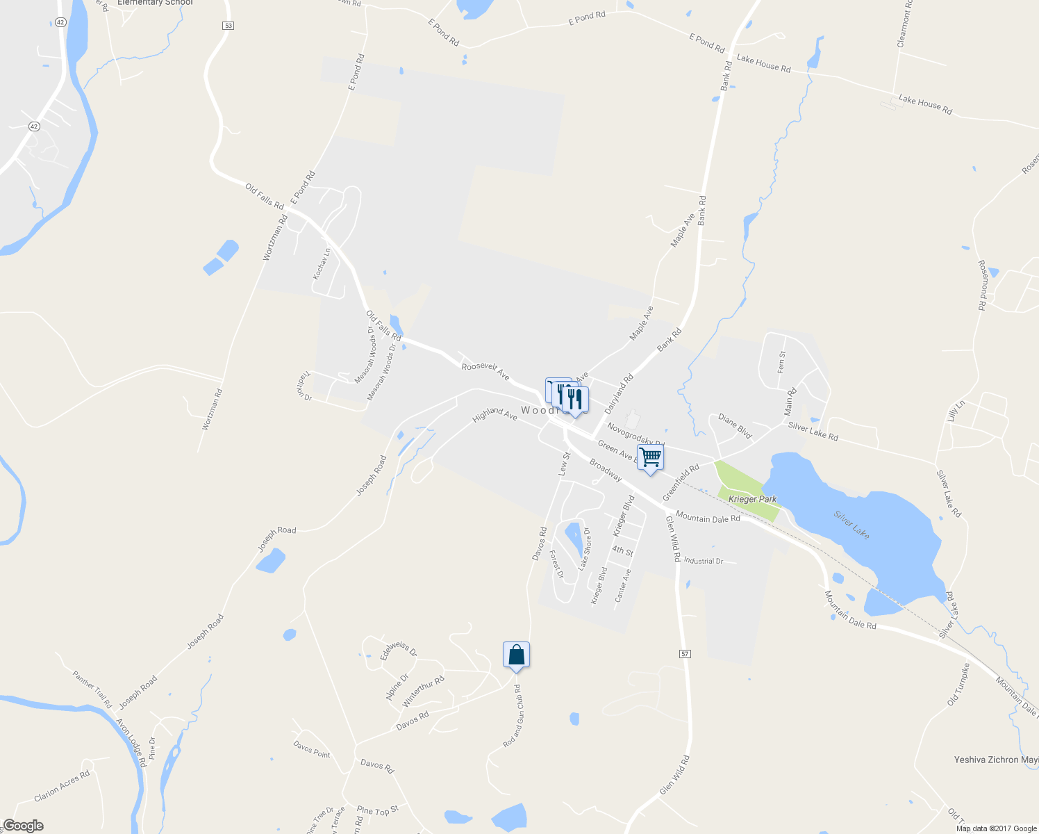 map of restaurants, bars, coffee shops, grocery stores, and more near 64 Highland Avenue in Woodridge