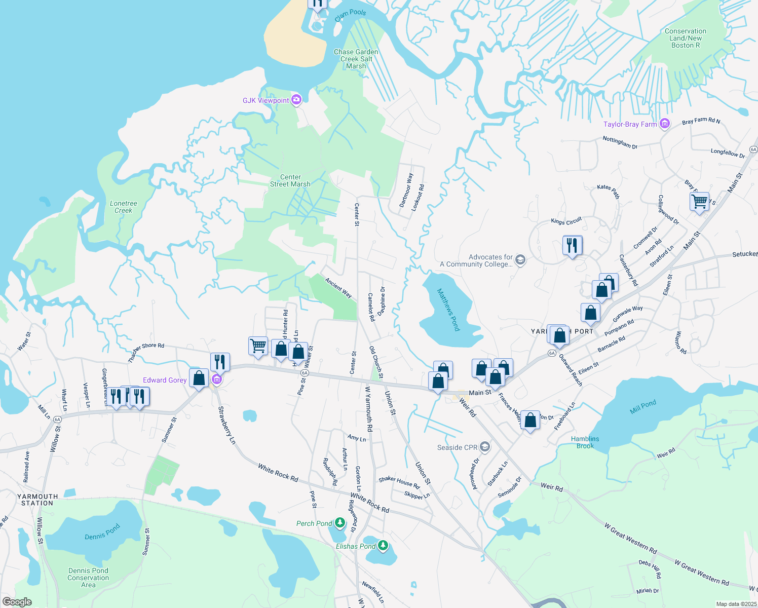 map of restaurants, bars, coffee shops, grocery stores, and more near 29 Dauphine Drive in Yarmouth