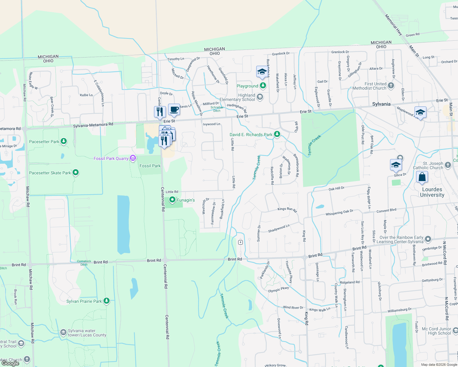 map of restaurants, bars, coffee shops, grocery stores, and more near 5428 Deercross Ct in Sylvania