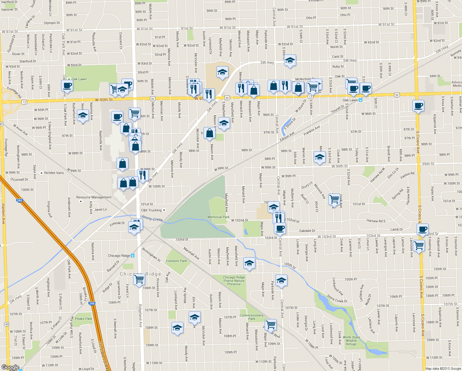 map of restaurants, bars, coffee shops, grocery stores, and more near 5833 West 100th Street in Oak Lawn