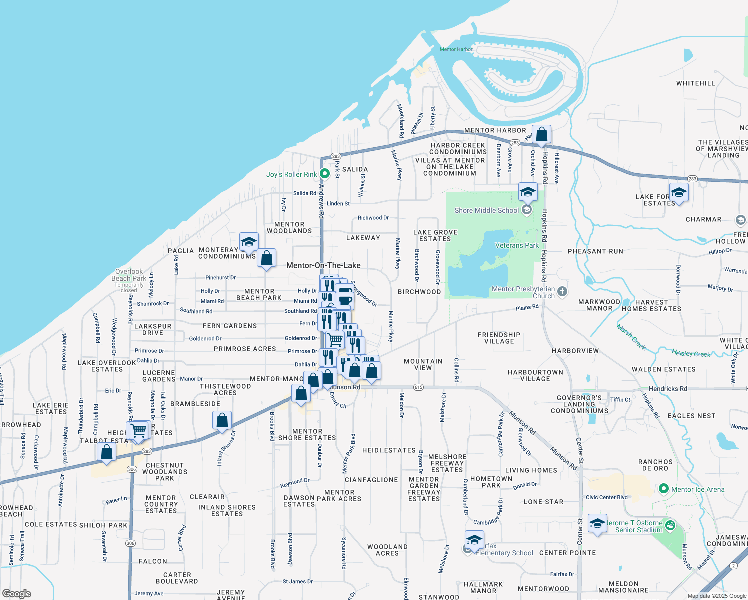 map of restaurants, bars, coffee shops, grocery stores, and more near 5927 Springwood Drive in Mentor-on-the-Lake