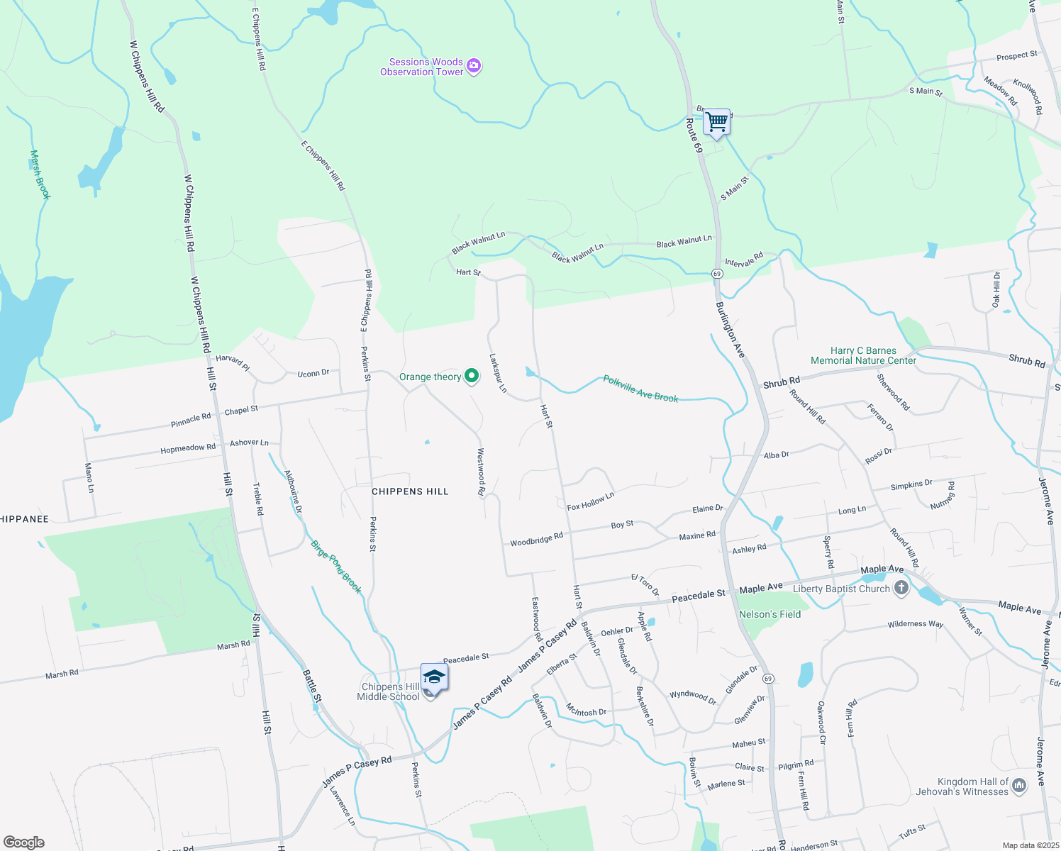 map of restaurants, bars, coffee shops, grocery stores, and more near 1 Whippoorwill Lane in Bristol