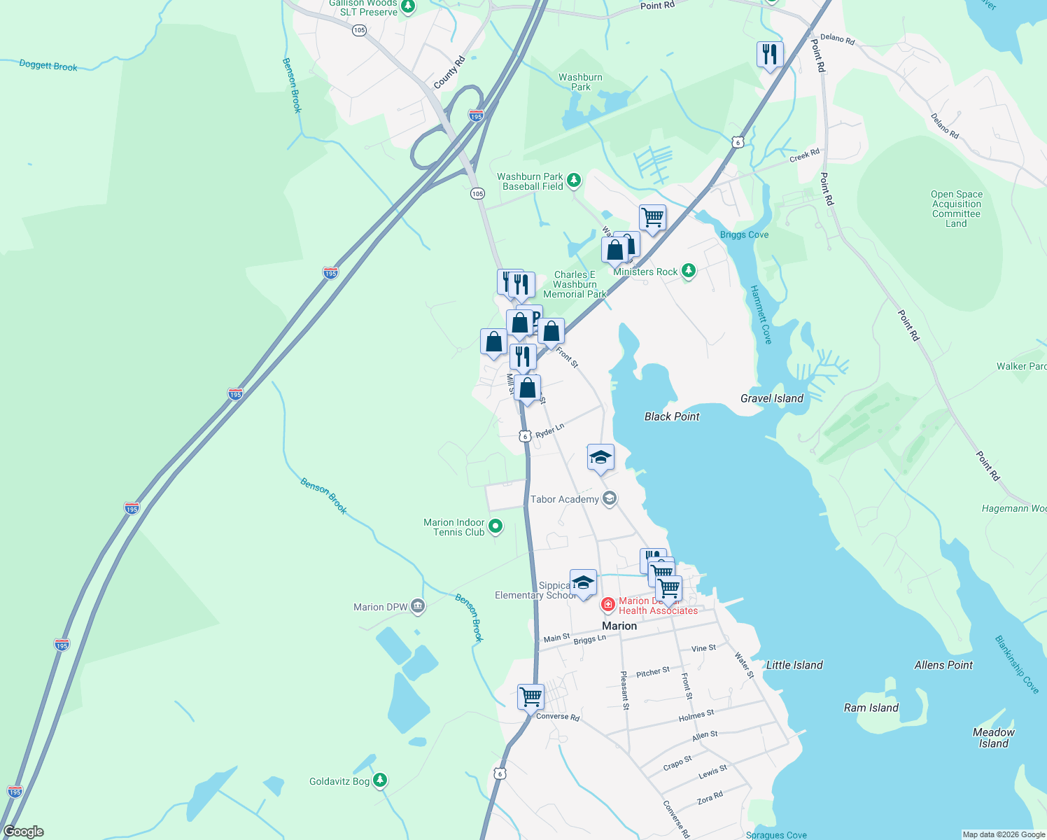 map of restaurants, bars, coffee shops, grocery stores, and more near 142 Mill Street in Marion