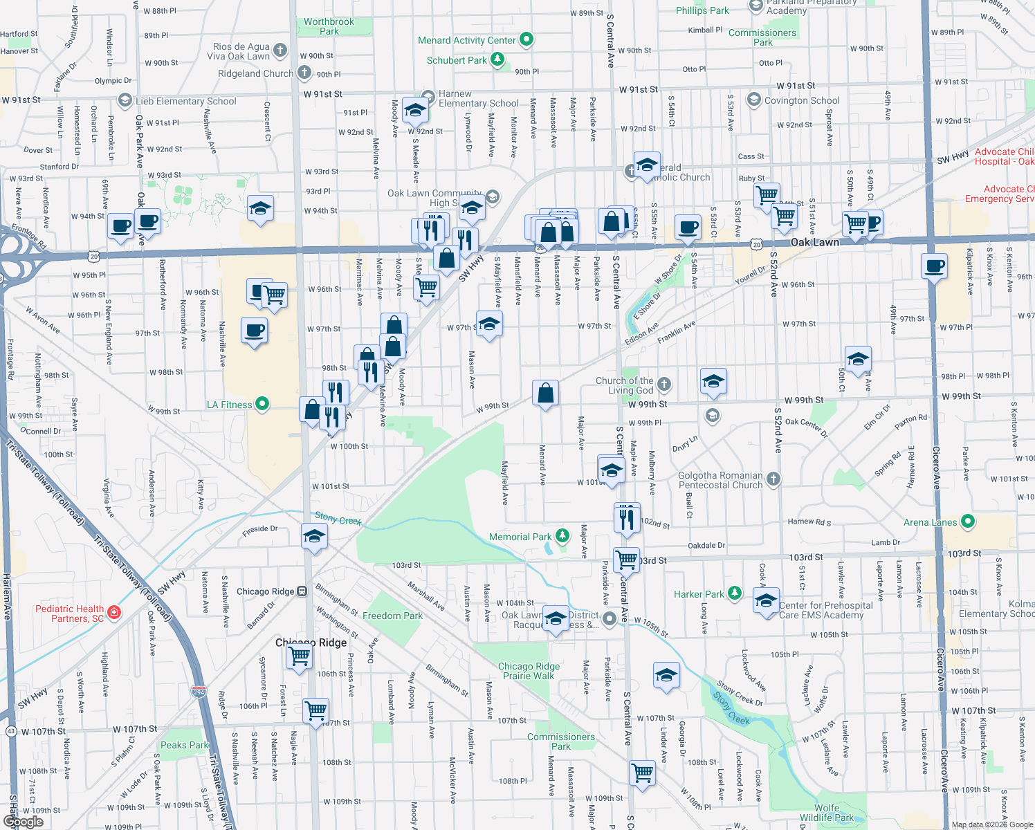 map of restaurants, bars, coffee shops, grocery stores, and more near 9912 Mansfield Avenue in Oak Lawn