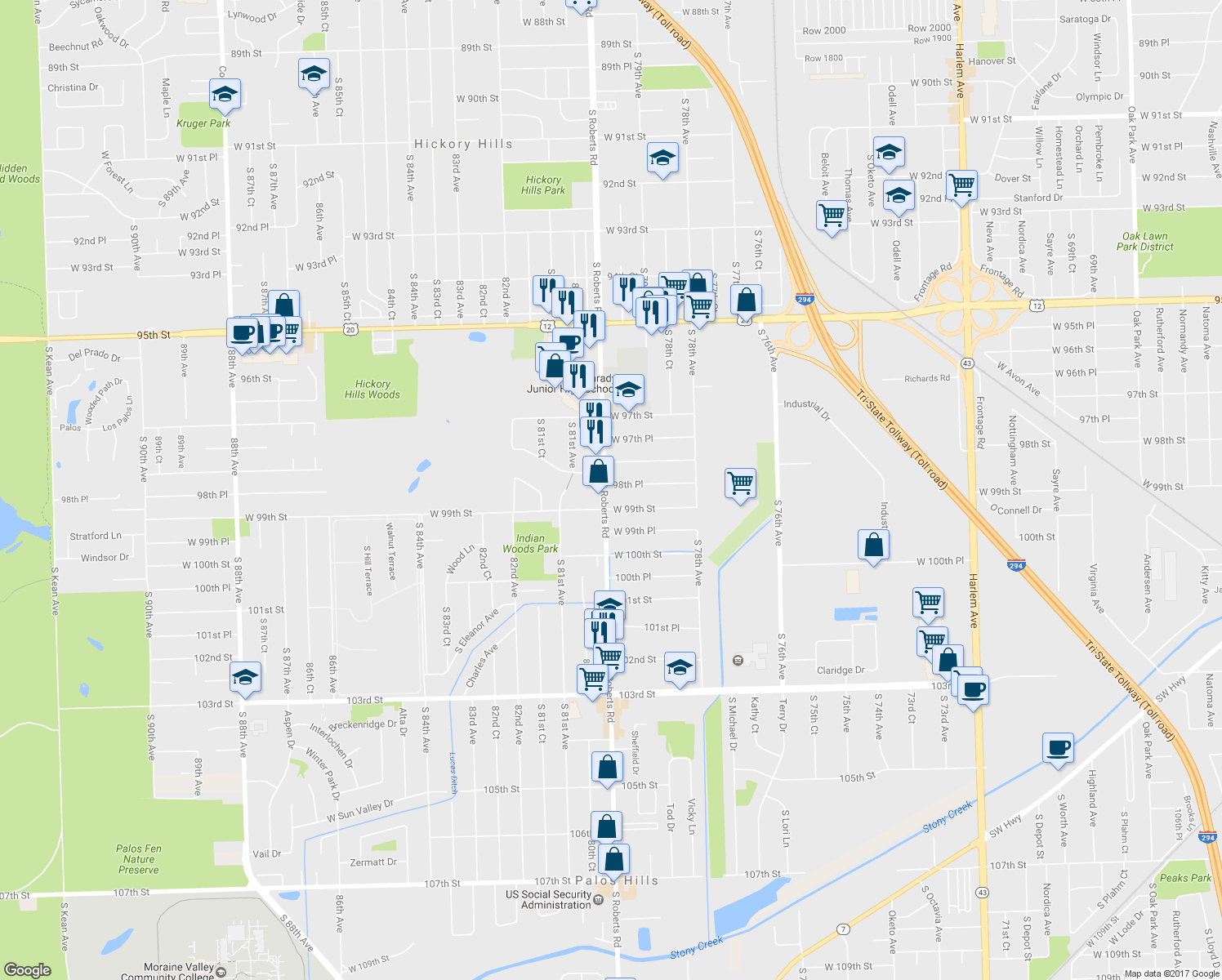 map of restaurants, bars, coffee shops, grocery stores, and more near 7947 98th Place in Hickory Hills