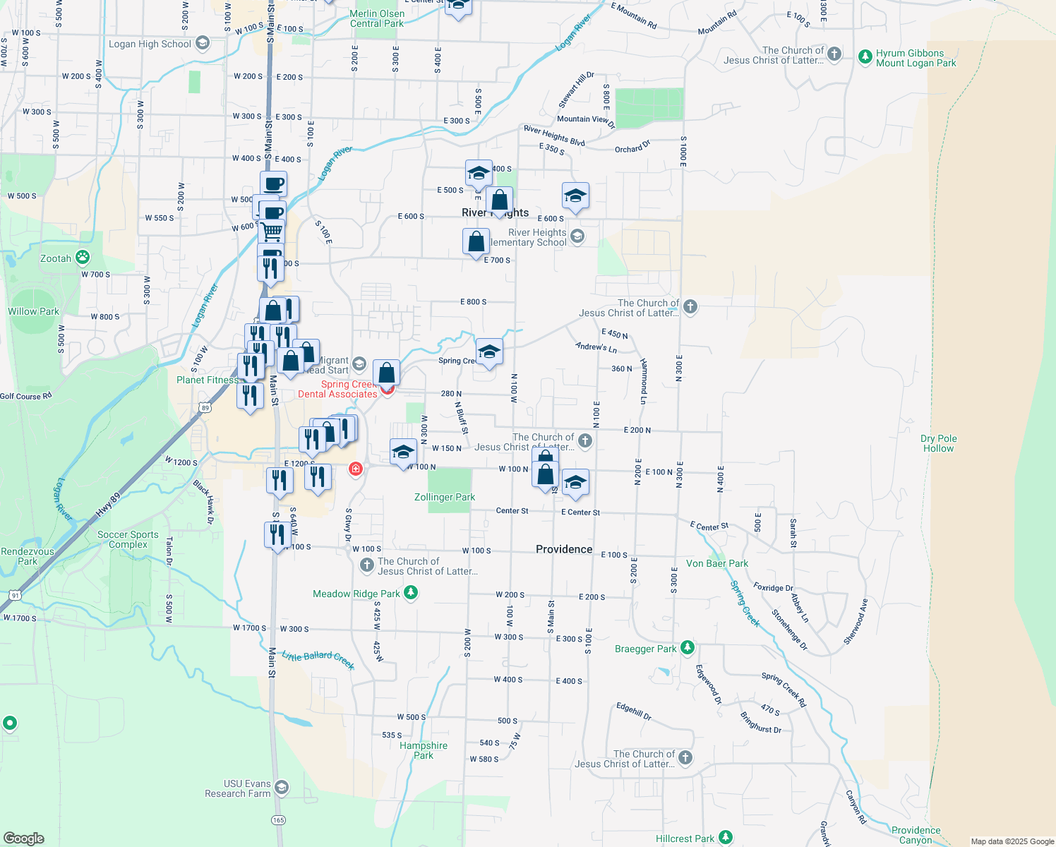 map of restaurants, bars, coffee shops, grocery stores, and more near 49 West 200 North in Providence