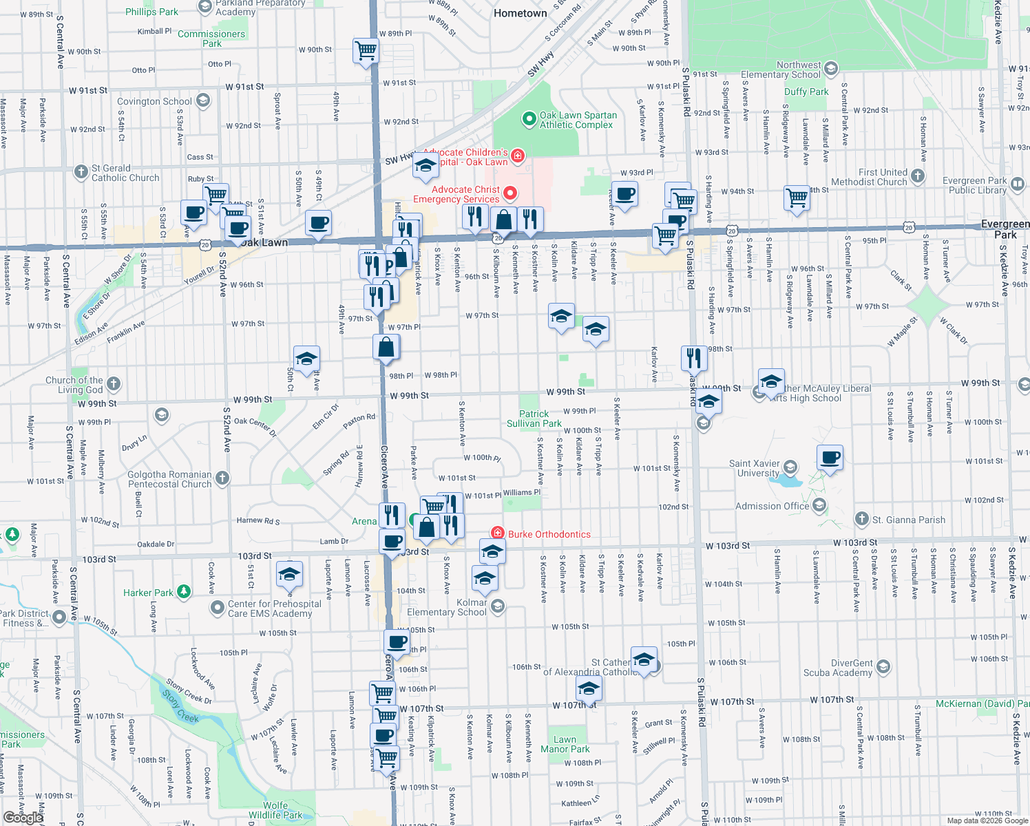 map of restaurants, bars, coffee shops, grocery stores, and more near 9920 South Kenneth Avenue in Oak Lawn