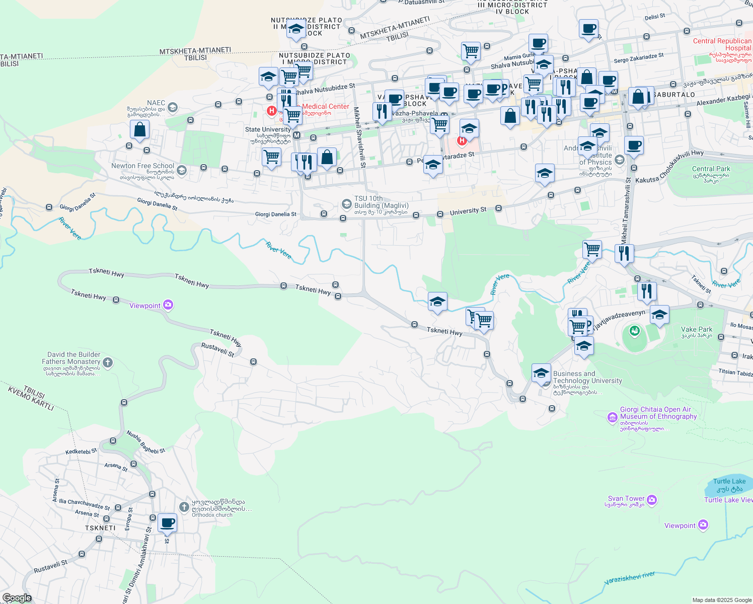 map of restaurants, bars, coffee shops, grocery stores, and more near 49 წყნეთის გზატკეცილი in T'bilisi