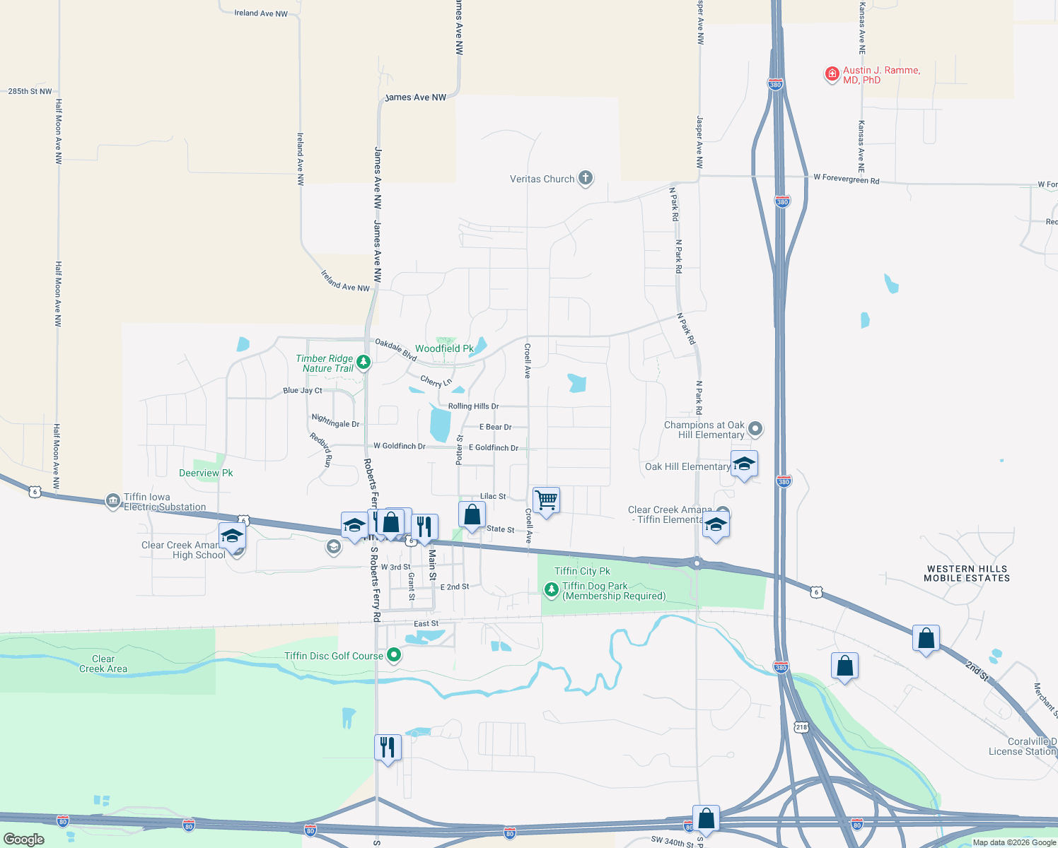 map of restaurants, bars, coffee shops, grocery stores, and more near 726 North Croell Avenue in Tiffin