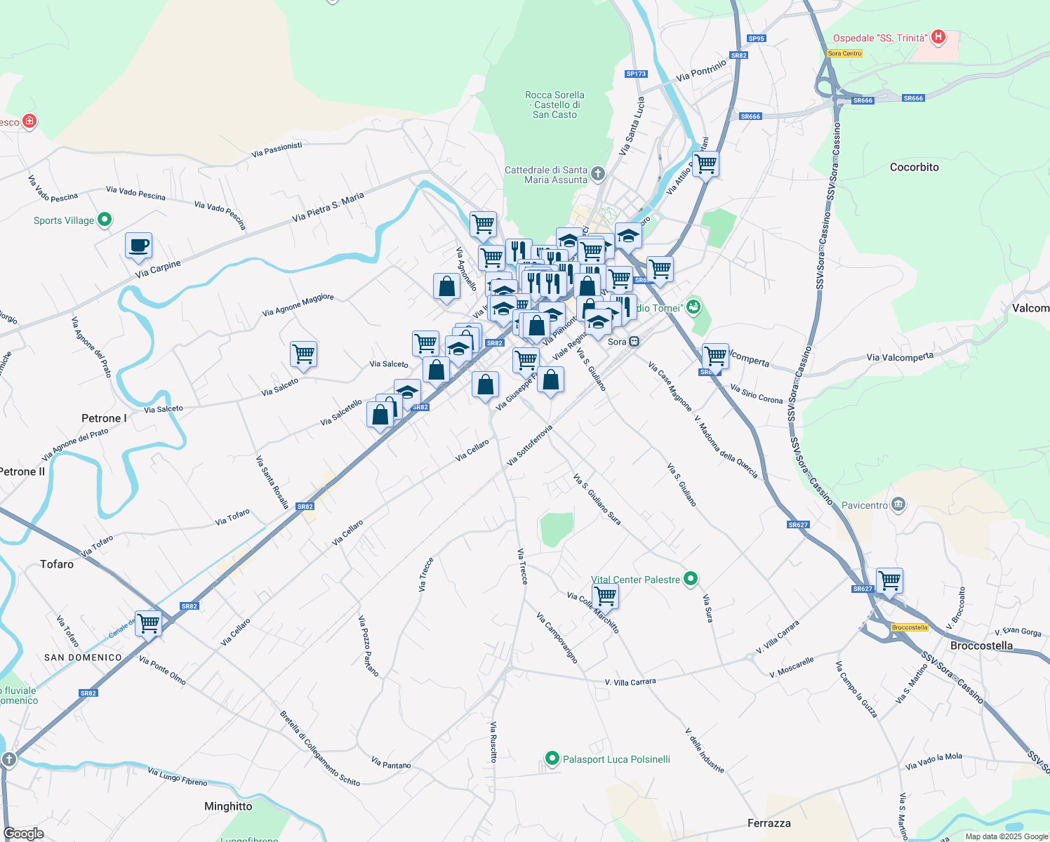 map of restaurants, bars, coffee shops, grocery stores, and more near 2 Via Edoardo Facchini in Sora
