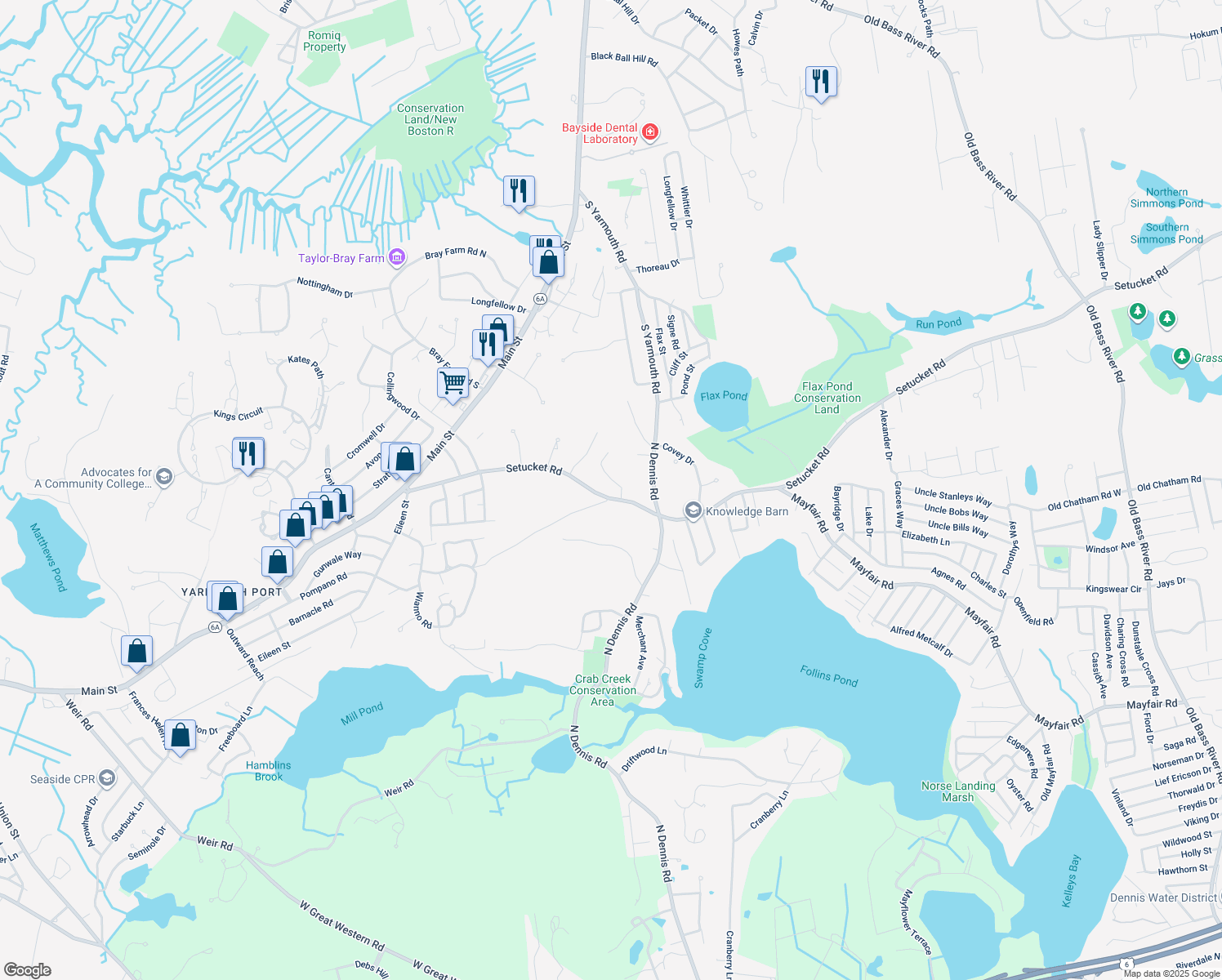 map of restaurants, bars, coffee shops, grocery stores, and more near 158 Setucket Road in Yarmouth