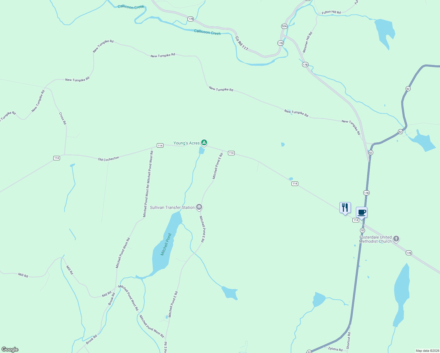map of restaurants, bars, coffee shops, grocery stores, and more near 502 Mitchell Pond East Road in Cochecton
