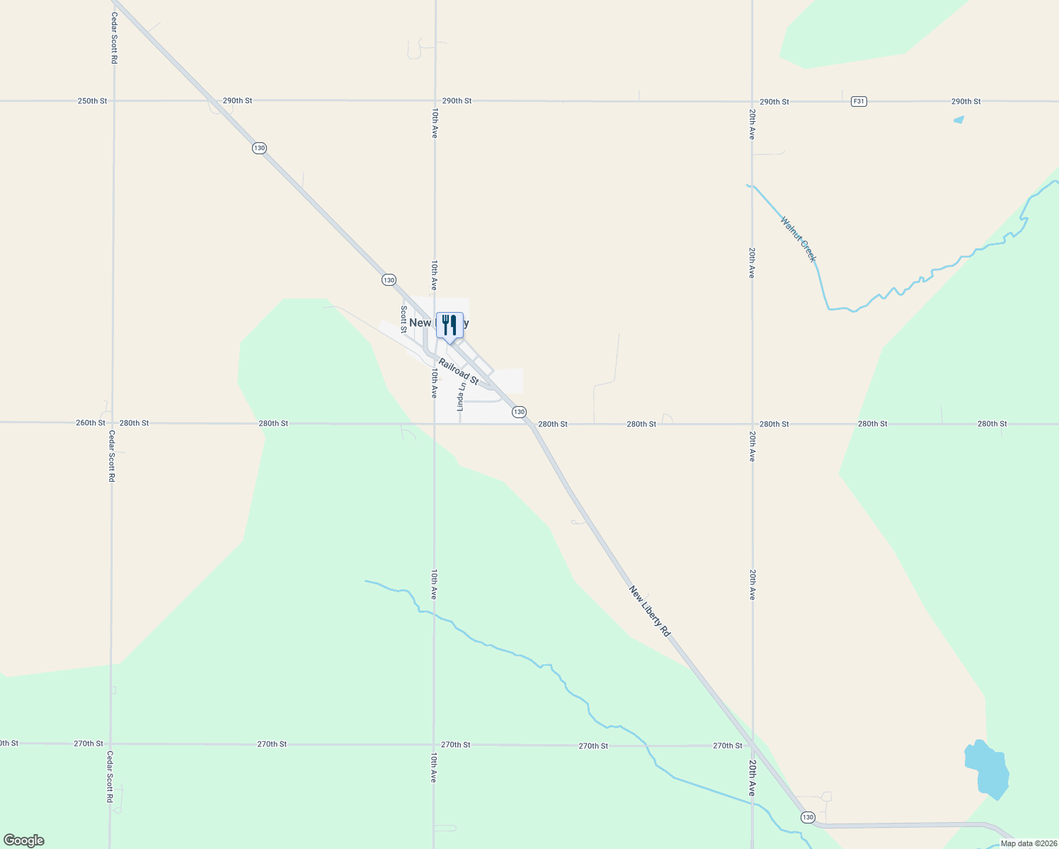 map of restaurants, bars, coffee shops, grocery stores, and more near 1302 280th St in New Liberty