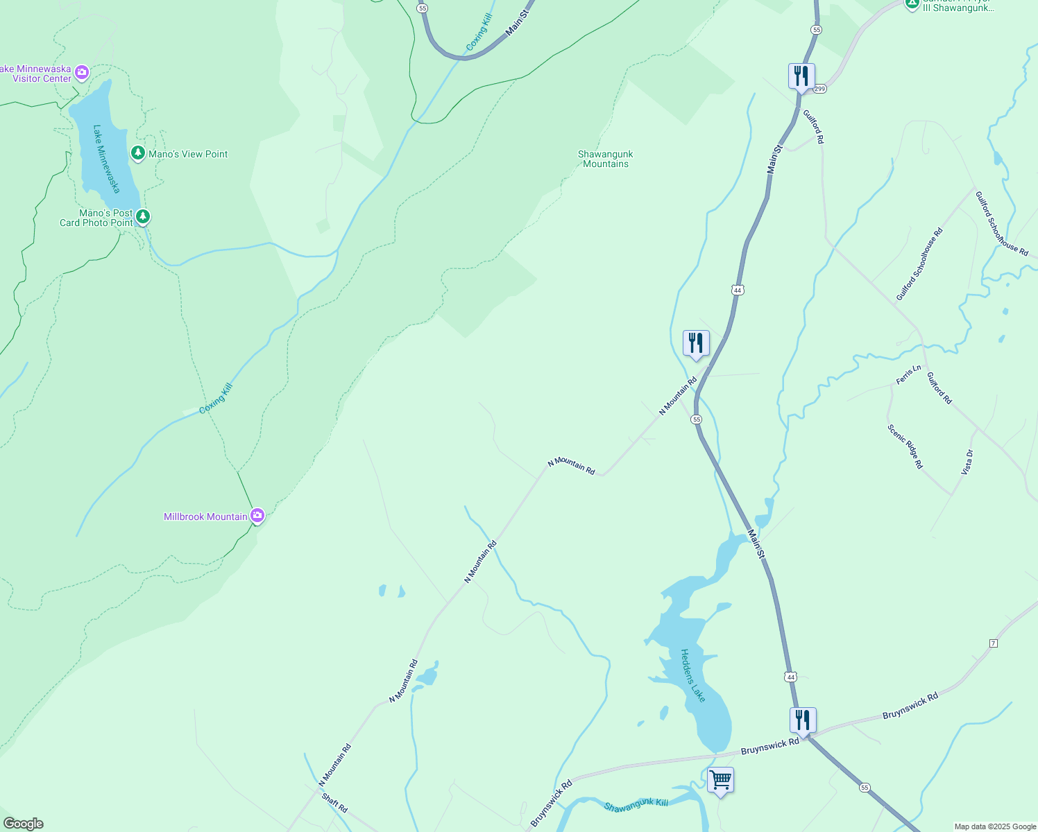 map of restaurants, bars, coffee shops, grocery stores, and more near 985 North Mountain Road in Gardiner