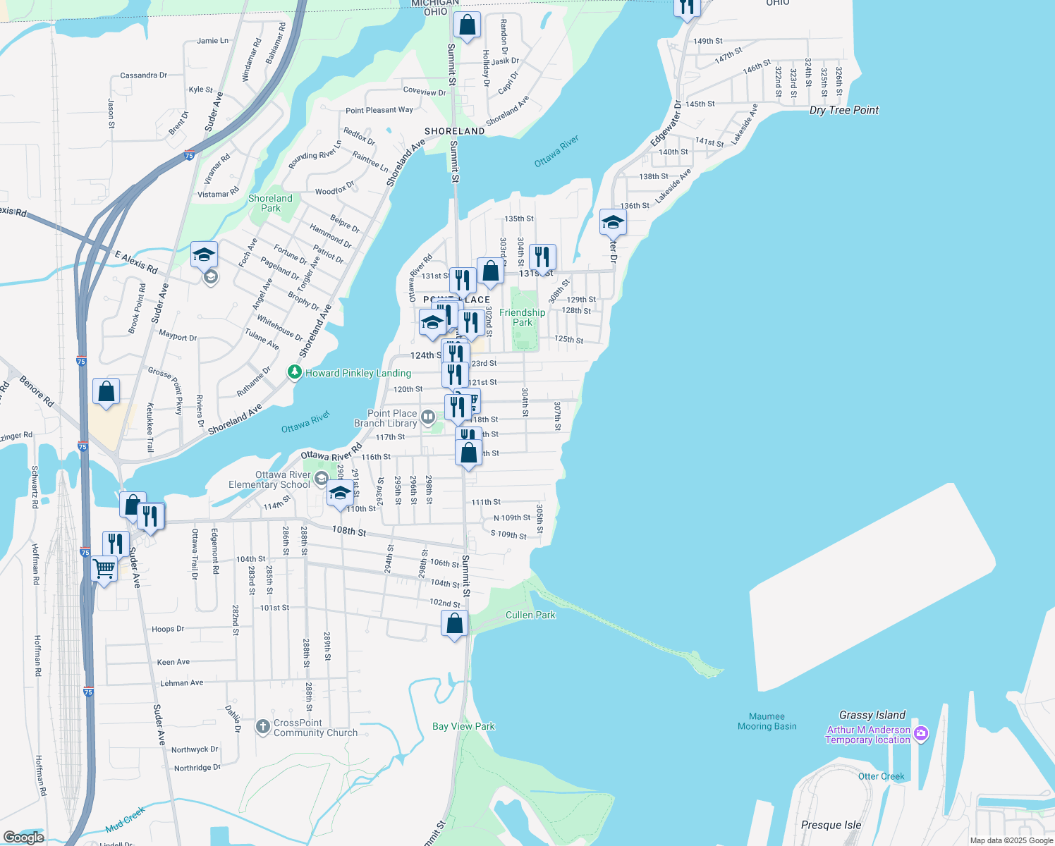 map of restaurants, bars, coffee shops, grocery stores, and more near 3000 118th St in Toledo