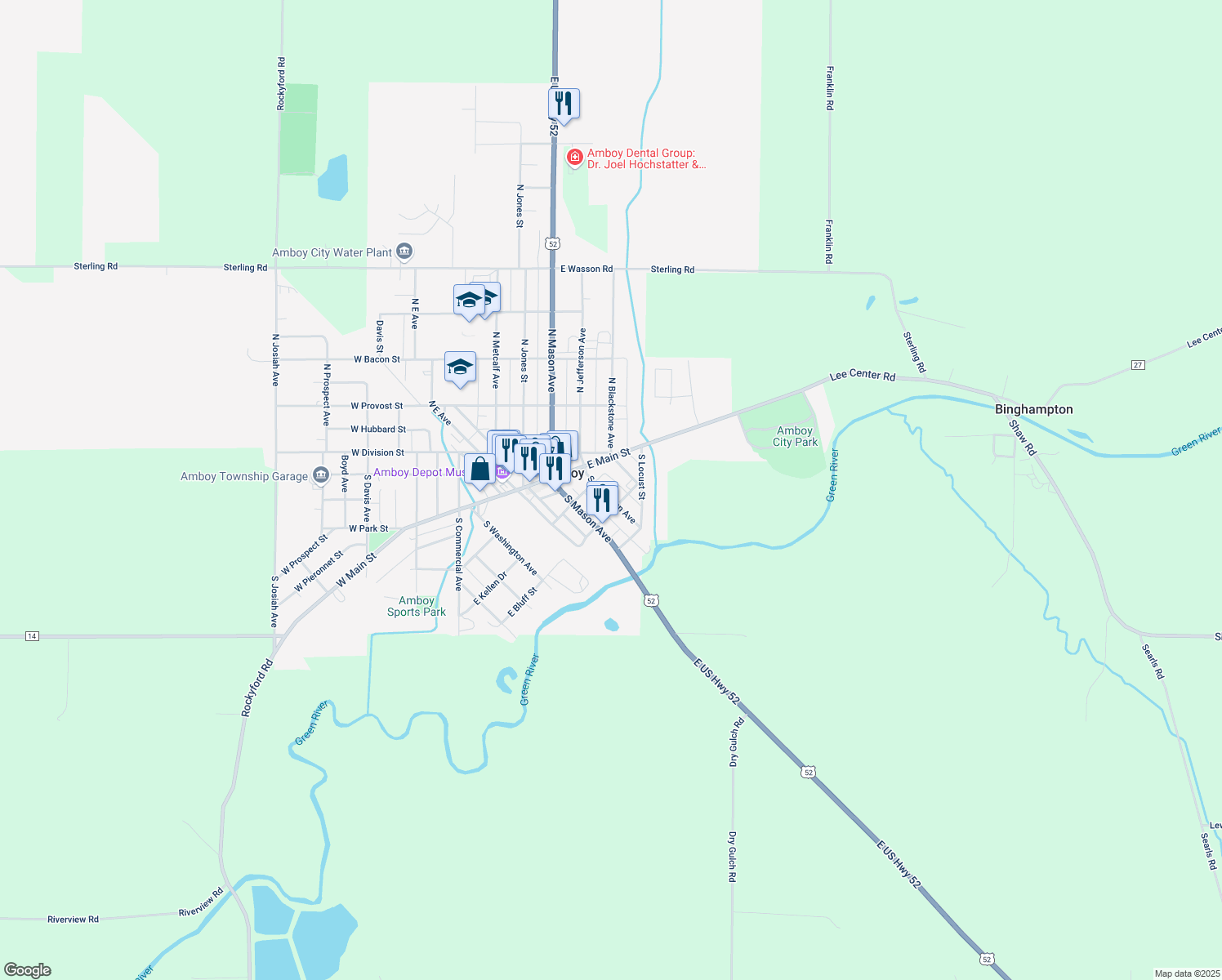 map of restaurants, bars, coffee shops, grocery stores, and more near 217 South Jefferson Avenue in Amboy