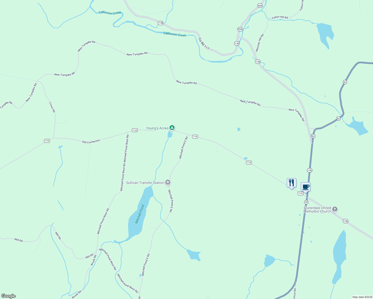 map of restaurants, bars, coffee shops, grocery stores, and more near 502 Mitchell Pond East Road in Cochecton