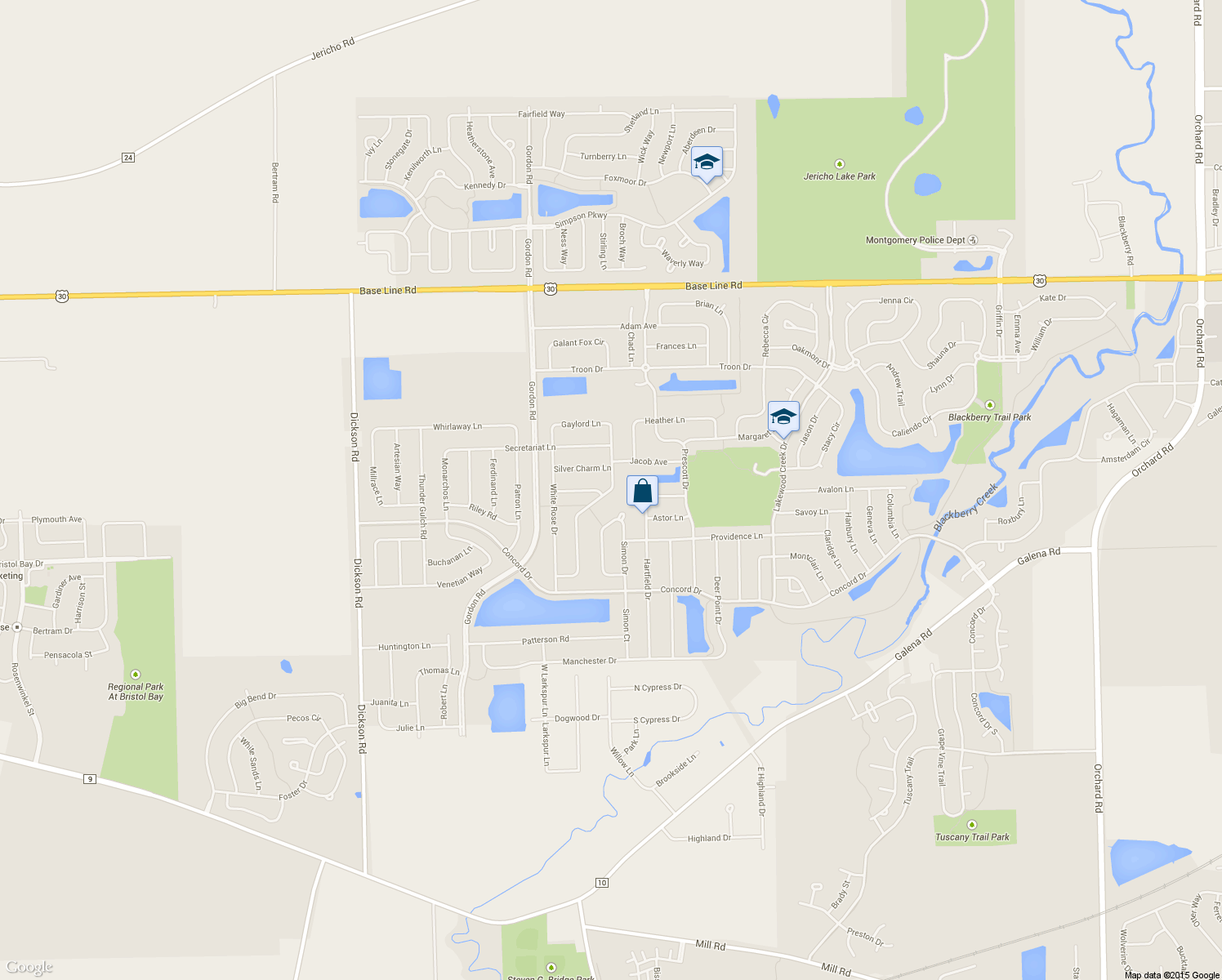 map of restaurants, bars, coffee shops, grocery stores, and more near 2490 Riva Ridge Rd in Montgomery