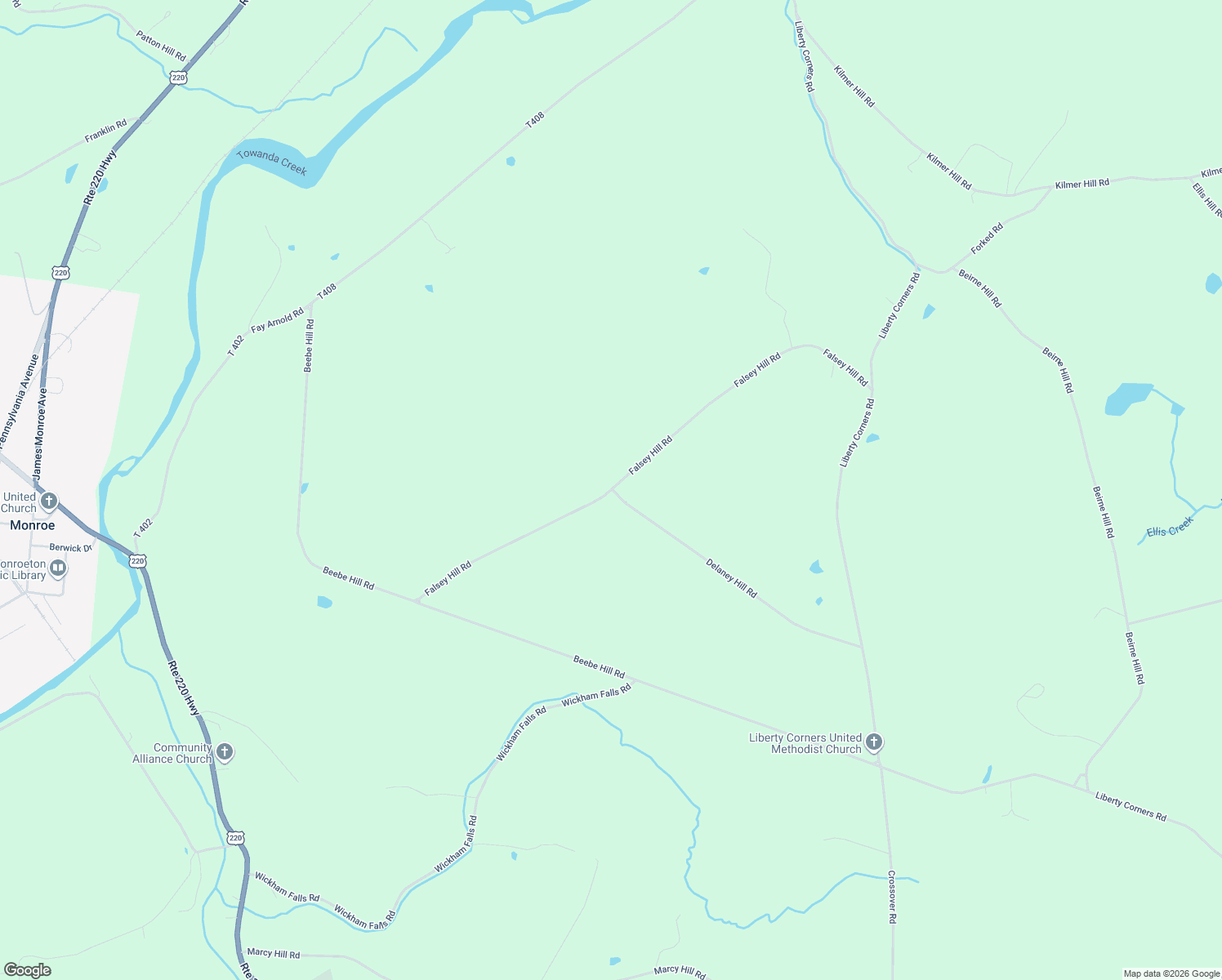 map of restaurants, bars, coffee shops, grocery stores, and more near Falsey Hill Road in Towanda