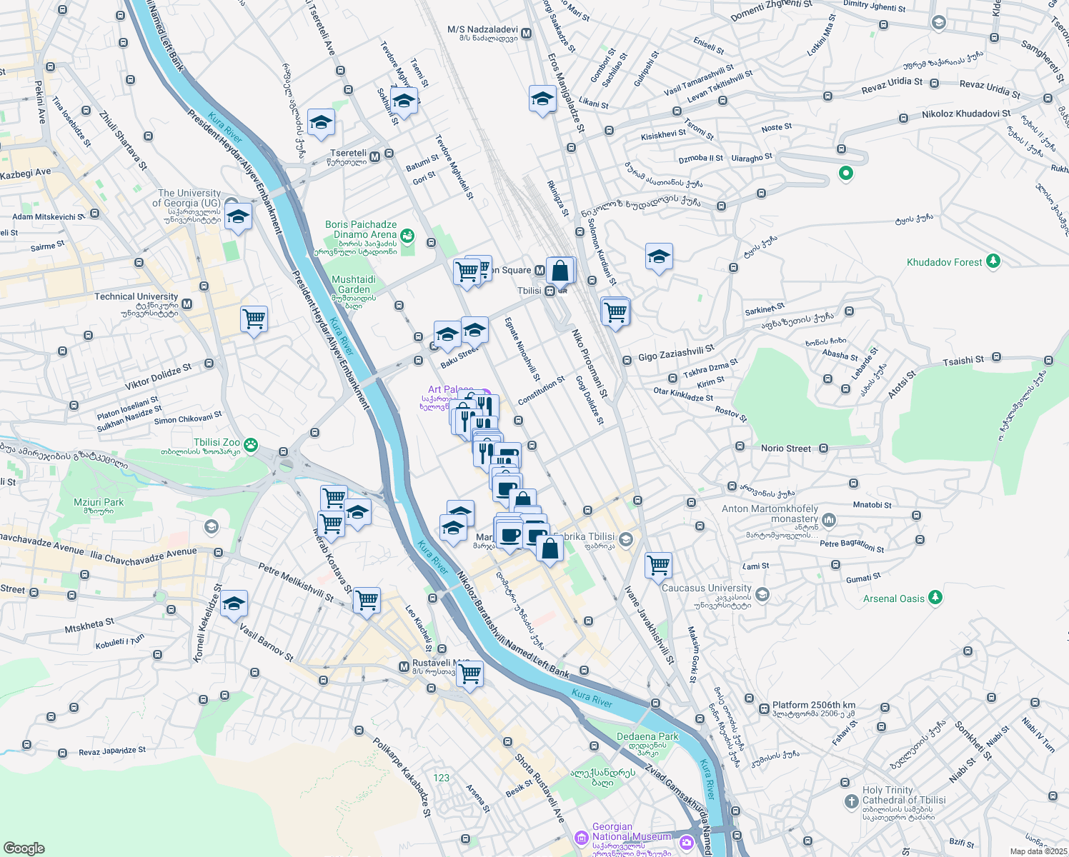 map of restaurants, bars, coffee shops, grocery stores, and more near 112 Ivane Javakhishvili Street in T'bilisi