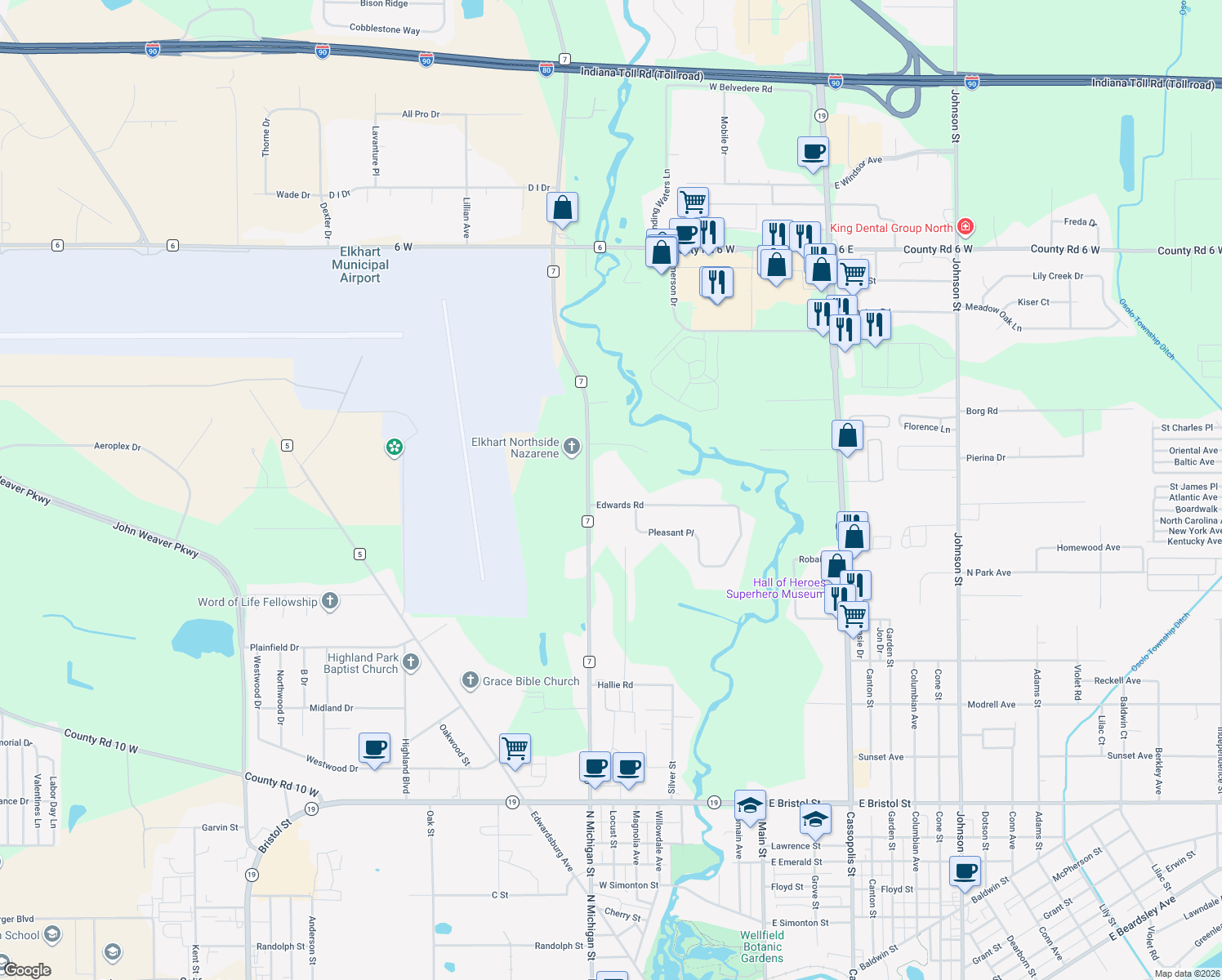 map of restaurants, bars, coffee shops, grocery stores, and more near 53670 County Road 7 in Elkhart