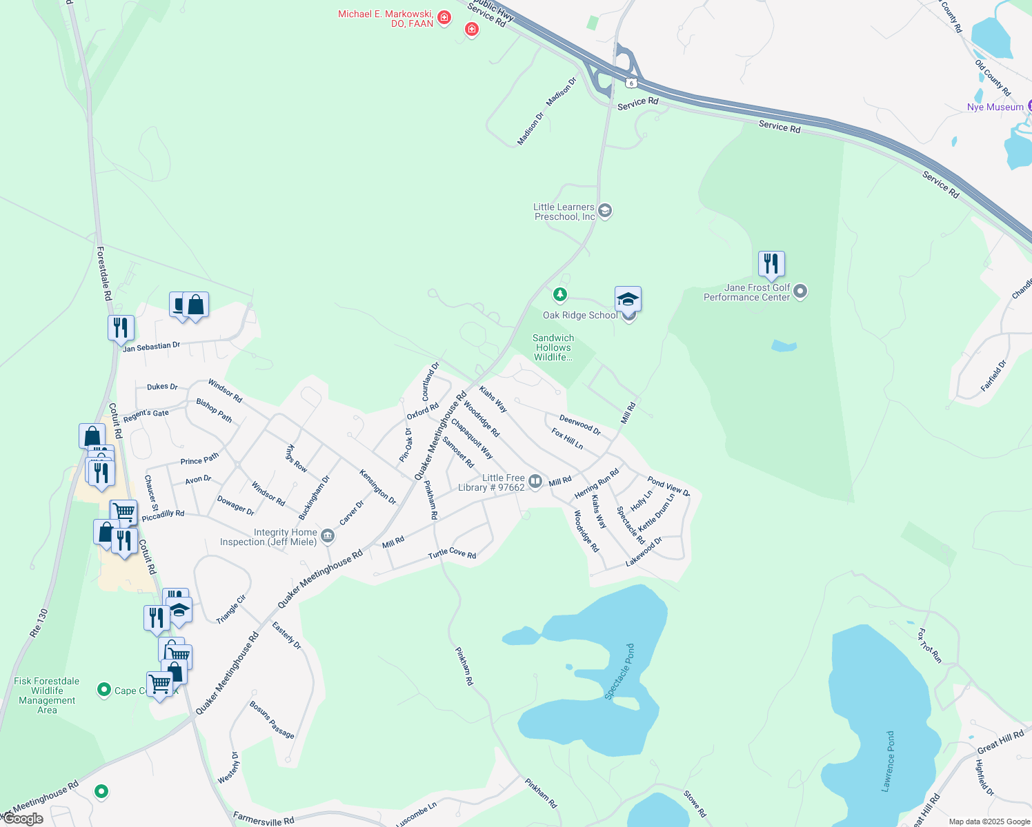 map of restaurants, bars, coffee shops, grocery stores, and more near 66 Kiahs Way in Sandwich