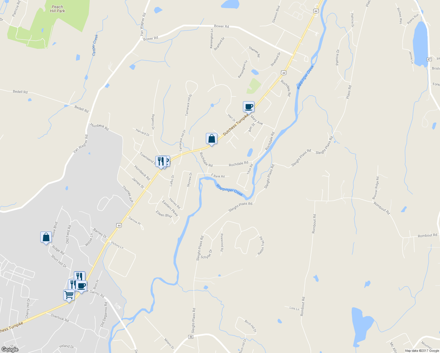 map of restaurants, bars, coffee shops, grocery stores, and more near 25 East Bank Road in Poughkeepsie